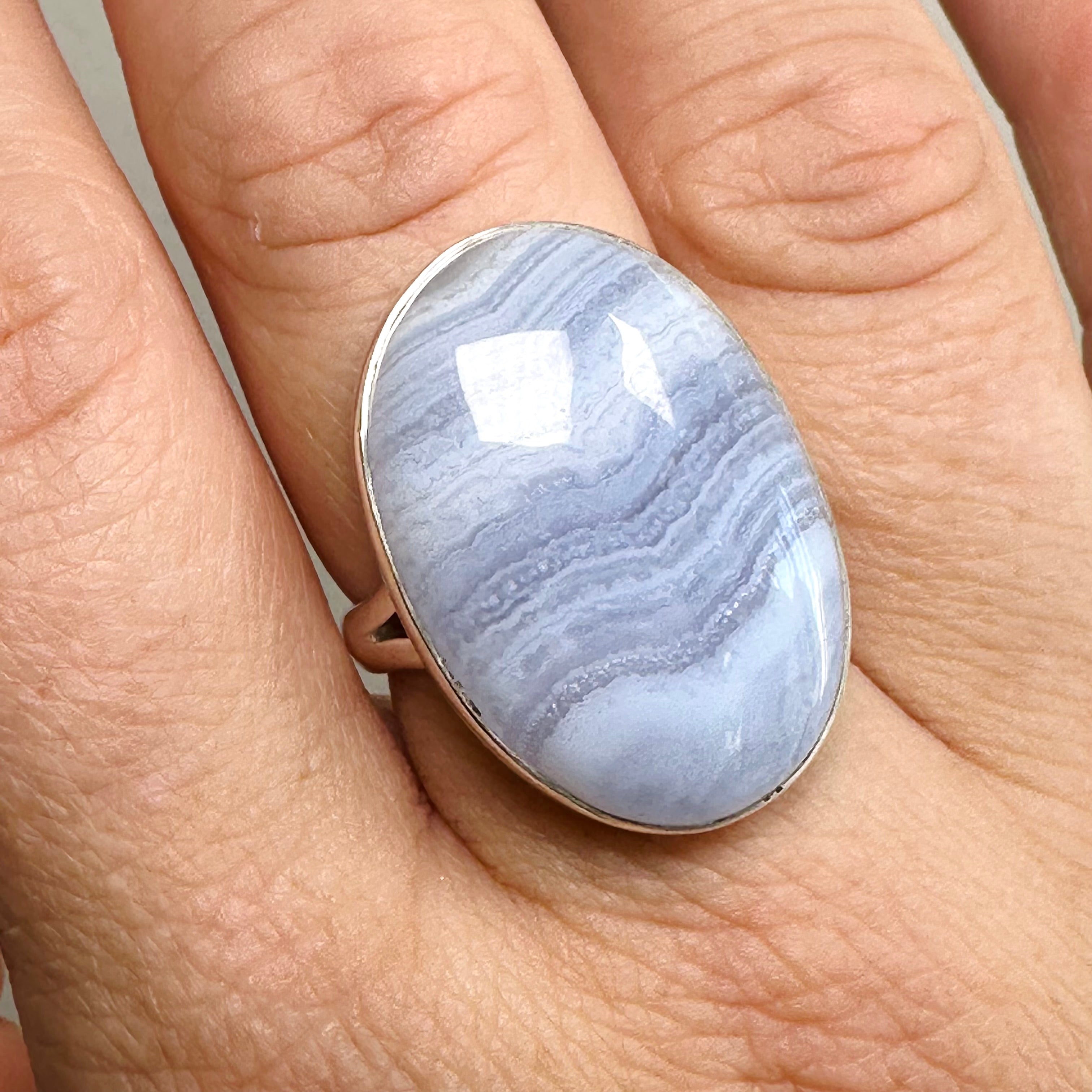 Blue Lace Agate Oval Cabochon Ring - Size 9 - Sterling Silver Handmade Jewelry - KRGJ3376 - Perfect for Boho Fashion, Wedding & Gift Giving