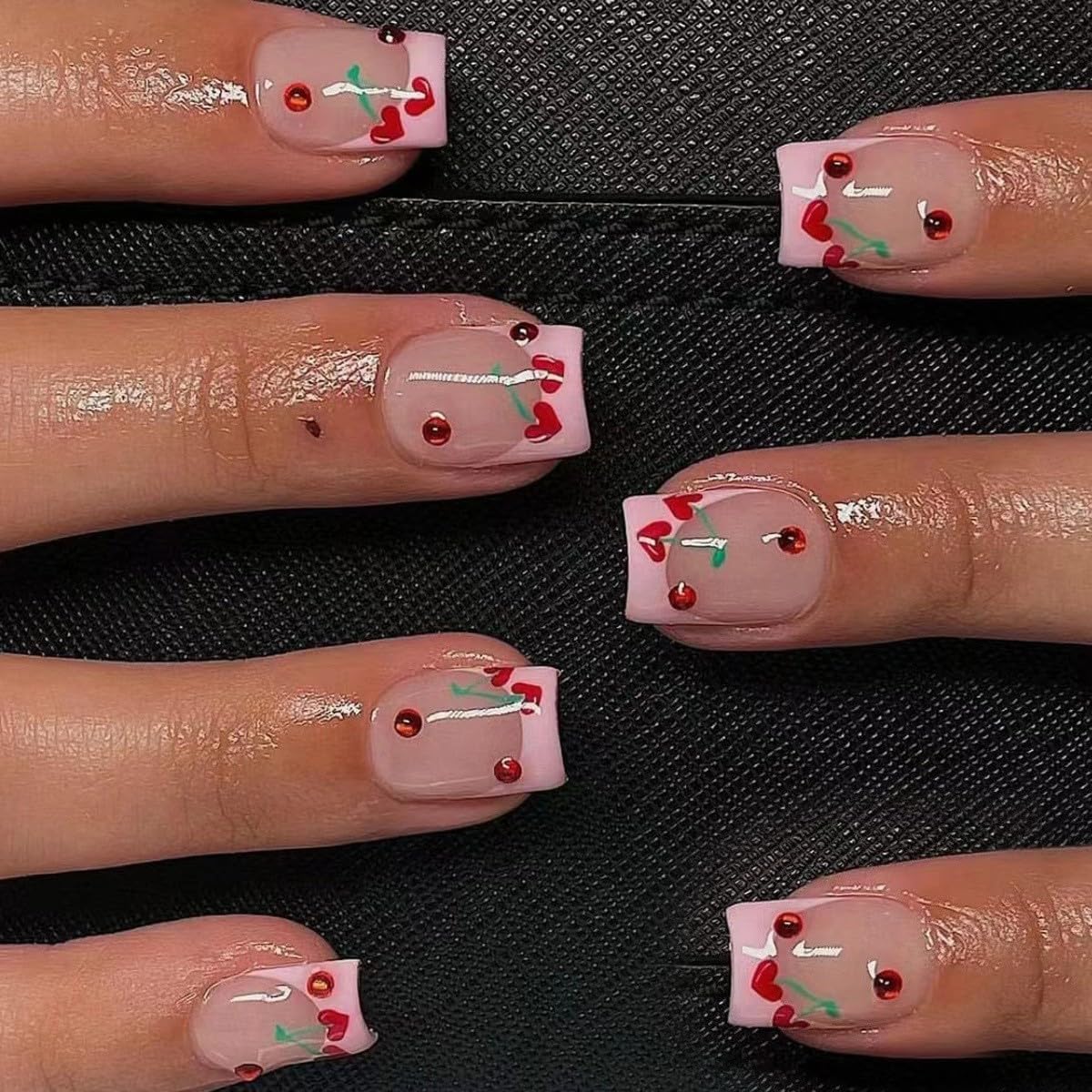 24 Pcs French Tip Press on Nails Short Square Fake Nails - Red Cherry Heart Design with Rhinestones & Glossy Finish | Valentine's Day Nail Art for Women | Perfect for Parties, Weddings & Special Occasions