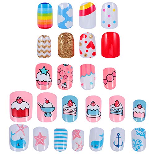 Beaupretty 5 Packs 120pcs Kids Press on Nails - Short Fake Nails for Girls, DIY Artificial Nails for Home Salon & Party, Women's Nail Art Accessories | Perfect for Birthday, Sleepover & Playdates