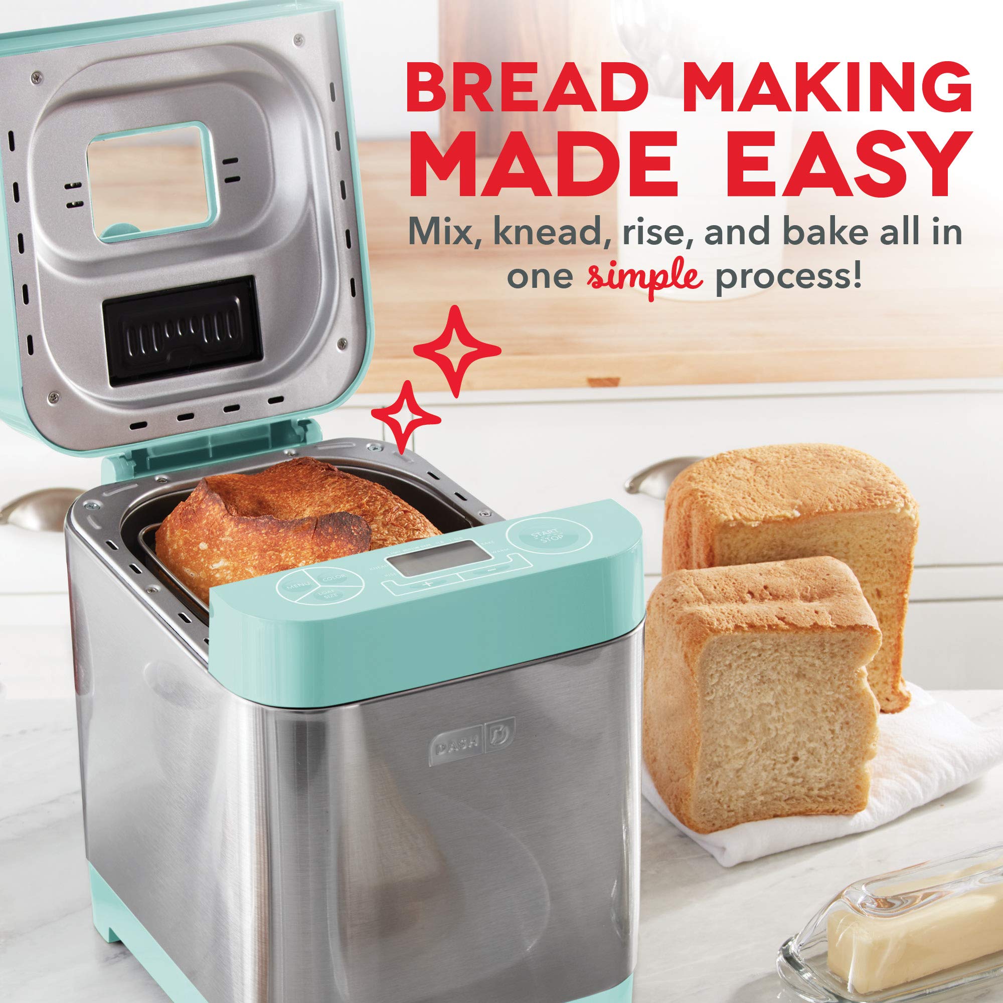 Dash Everyday Stainless Steel Bread Maker - 1.5lb Loaf Capacity, 12 Programmable Settings, Gluten-Free Option & Auto Dispenser (Aqua) | Perfect for Homemade Bread, Artisan Loaves & Gluten-Free Baking