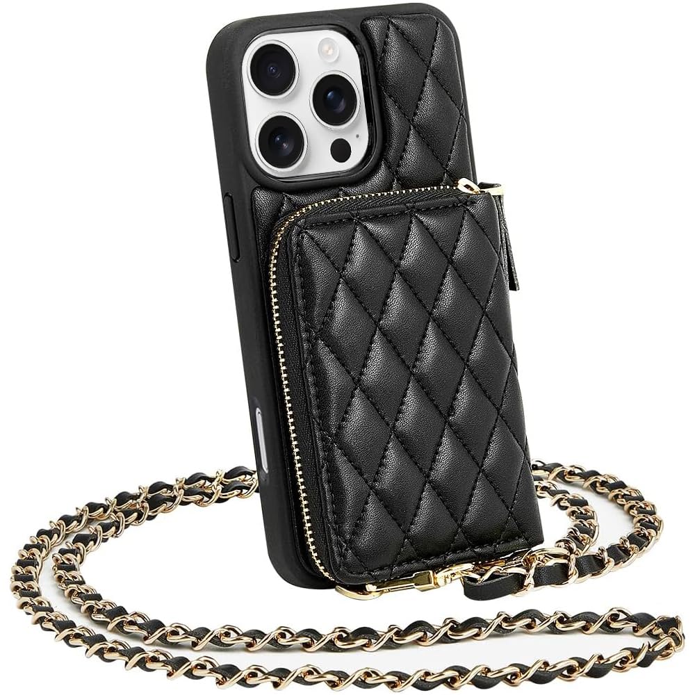 LAMEEKU iPhone 16 Pro Wallet Case with RFID Blocking Card Holder & Wrist Strap - Slim Protective Crossbody Phone Cover for Women (6.3
