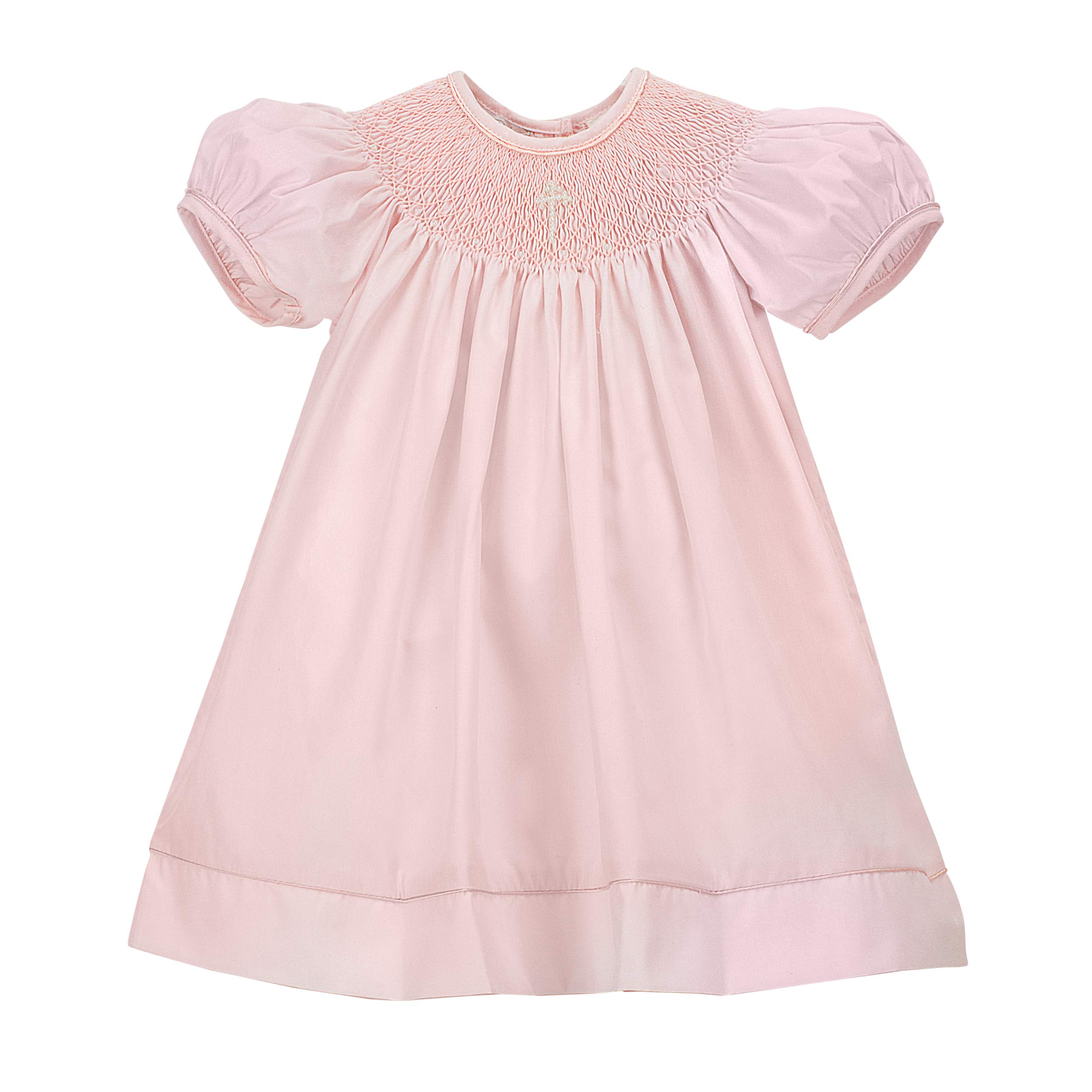 Hand-Smocked Baby Girl Baptism Dress with Pearl Cross & Bonnet - Christening Gowns for Infant Girls in Pink | Perfect for Church Ceremonies, Christenings & Special Occasions
