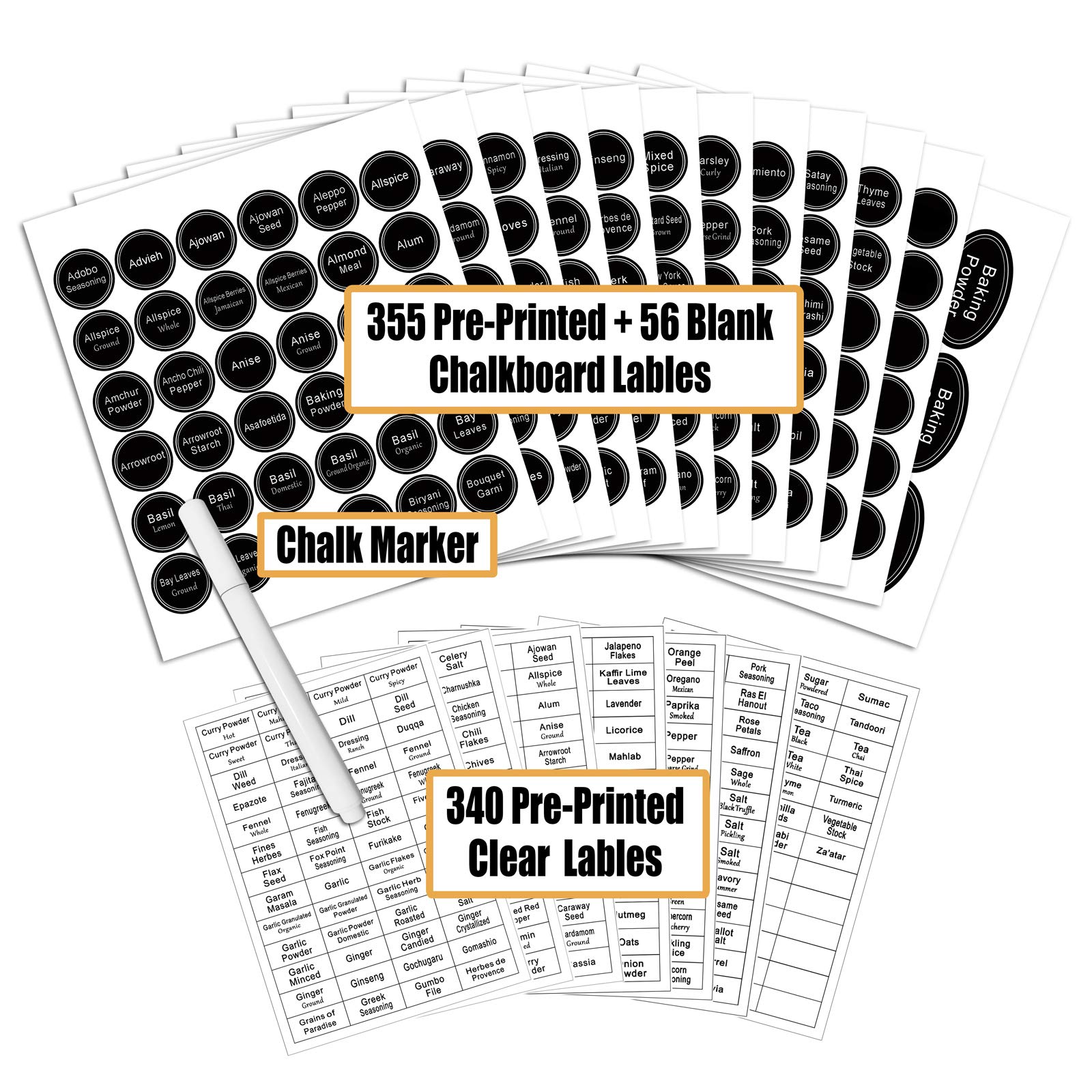 SWOMMOLY 771 Printed Spice Jar Labels with Extra Write-on Labels - Pantry Organization Stickers & Chalk Marker Pen Set for Kitchen, Spice Rack & Pantry - Includes Chalkboard & Transparent Labels for Home & Restaurant Use