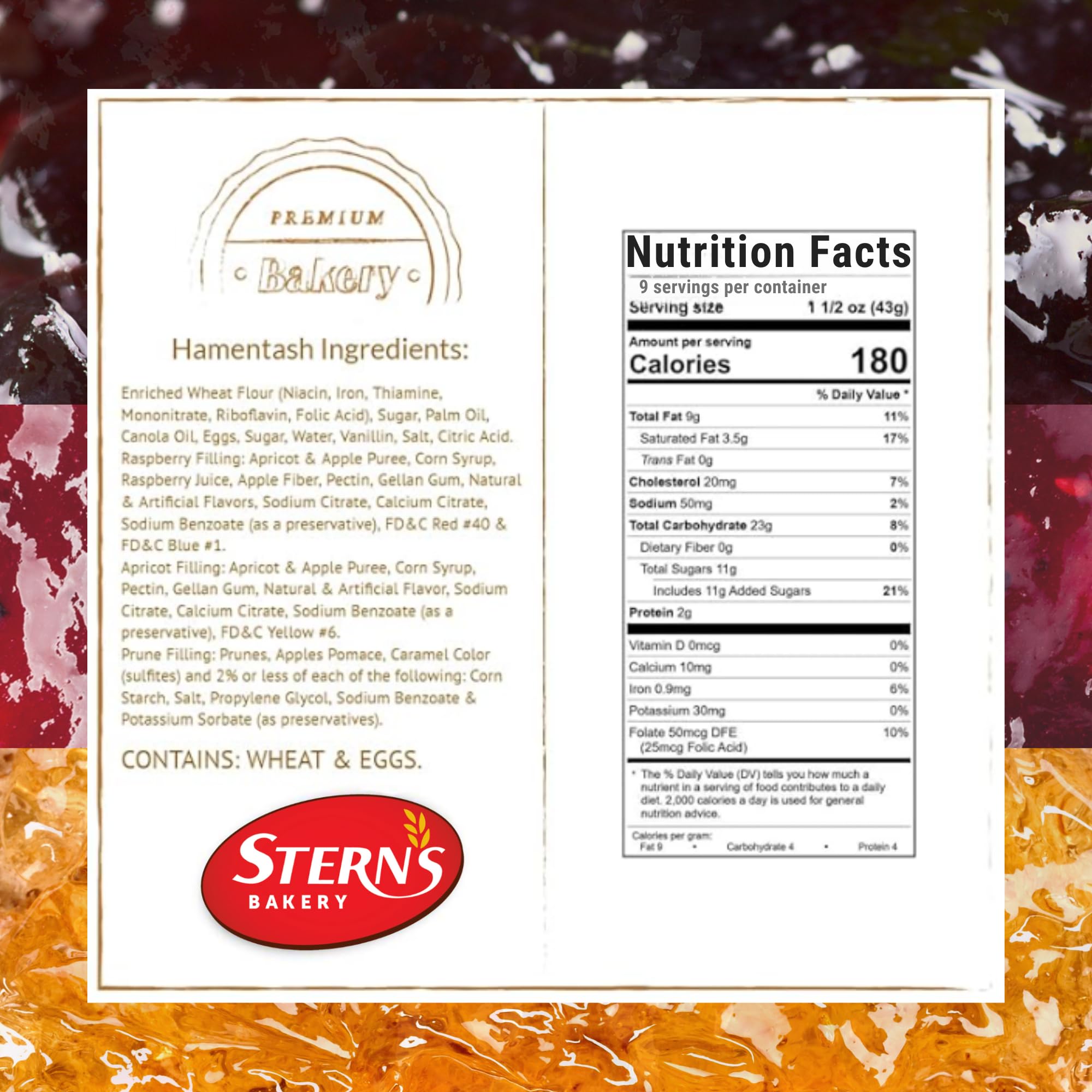 Premium Hamentaschen Cookies - Kosher & Nut-Free Purim Gift Set | 9 Count Apricot & Raspberry Jam Filled Shortbread | Perfect for Mishloach Manot & Holiday Celebrations | Stern's Bakery Artisan Treats