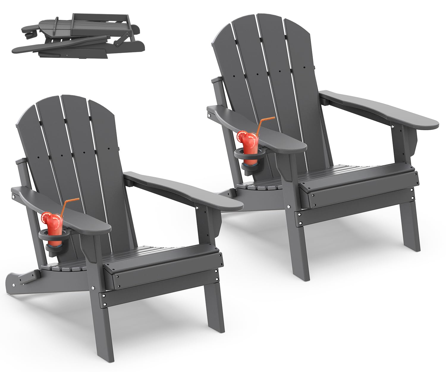 IVY&LANE 2-Pack Folding Adirondack Chairs - Weather-Resistant HDPE Plastic Outdoor Chairs with Cup Holders (Grey) - Perfect for Patio, Deck, Poolside, Garden & Beach Relaxation