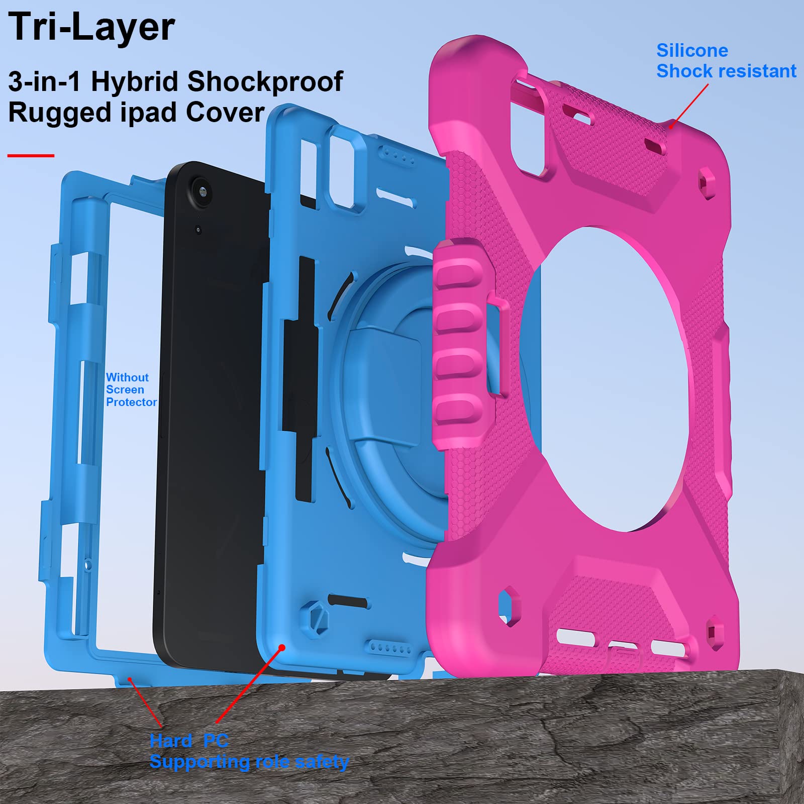 2024 iPad Mini 7 & 2021 iPad Mini 6 Case 8.3 Inch with Pencil Holder - 360° Rotating Stand Handle, Shockproof Protective Cover for iPad Mini 7th/6th Generation (Pink & Blue) - Perfect for Work, Travel & Home Use