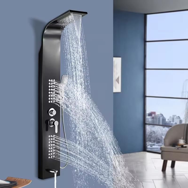 Stainless Steel Shower Panel Set - Dual Flow Overhead Waterfall & Handheld Shower Combo | Wall Mount Bathroom Shower System in Black Glossy Finish | Perfect for Spa-Like Experience & Modern Home Renovation