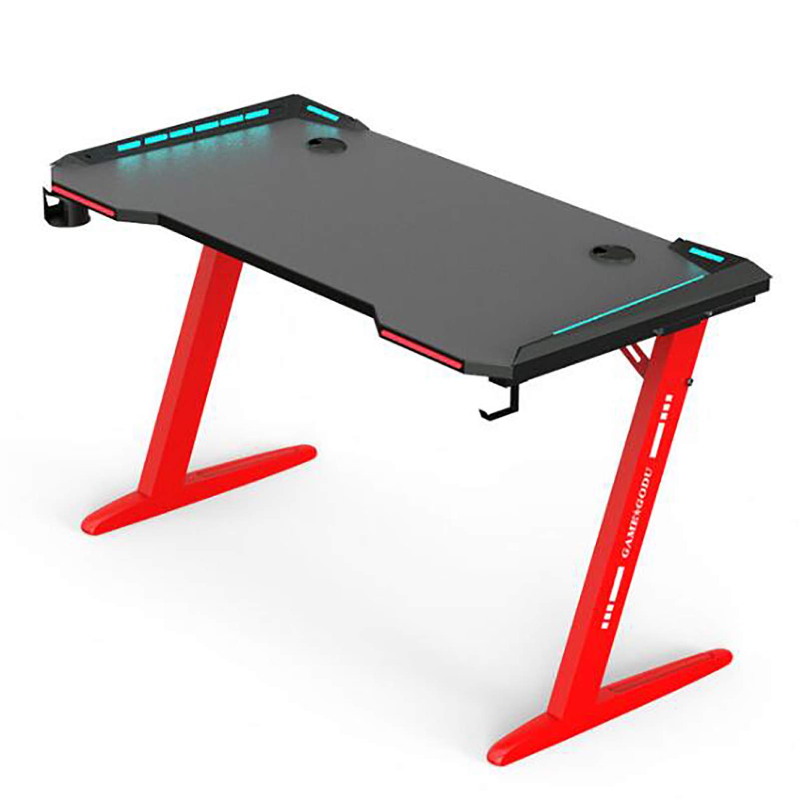 Yizc Ergonomic Z-Shaped Gaming Desk with RGB LED Lights - 120x60x74cm (47x24x29in) Carbon Fiber Computer Desk for Home Office, Study & Gaming - Includes Headphone Hook & Cup Holder (Red) - Perfect for PC Gaming, Work from Home & Modern Workspaces
