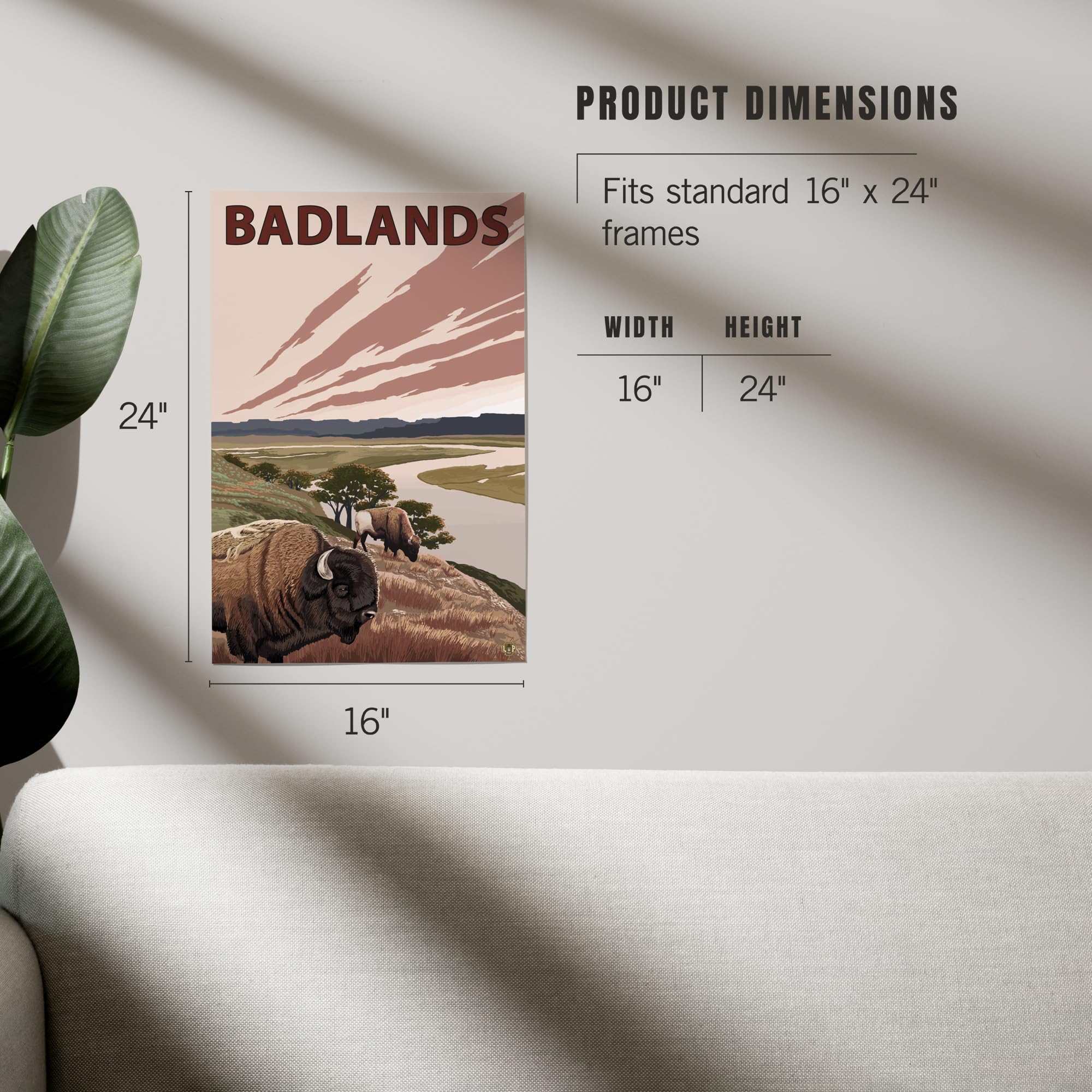 Lantern Press 16x24 Inch Giclee Art Print - Badlands South Dakota Landscape with Bison and Buttes - Perfect for Home Decor, Office Wall Art & Nature Lovers