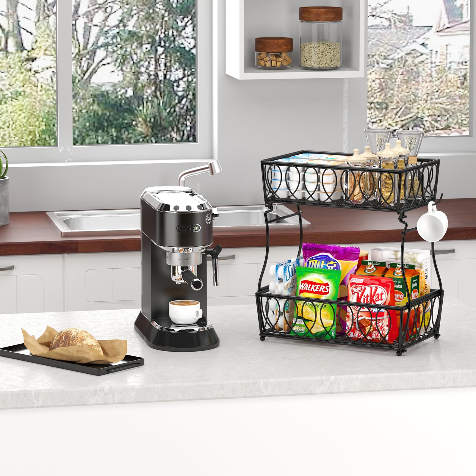 2-Tier Countertop Fruit Basket & Bread Bowl - 13.8-Inch Black Wire Storage Basket for Kitchen, Vegetables, Potatoes, Onions | Perfect for Pantry Organization & Countertop Display