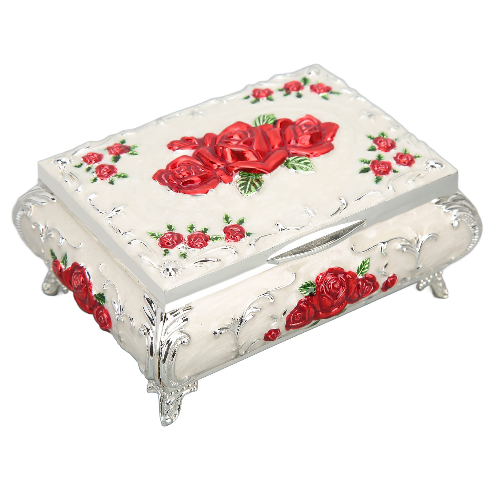 Vintage Jewelry Box for Girls - Flannel Lined Trinket Gift Box with Silver White Red Rose Design | Perfect for Jewelry Storage, Gift Giving & Home Decor