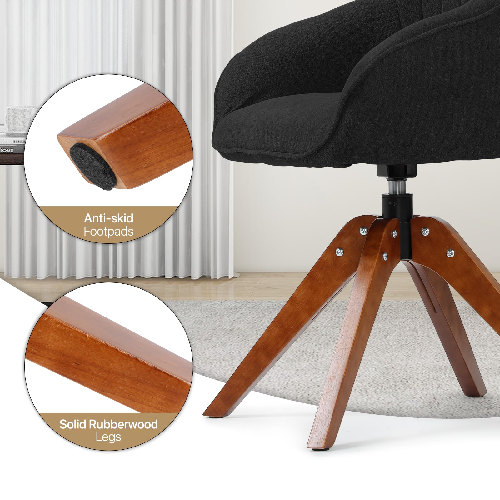 MoNiBloom 360° Swivel Accent Chair - Modern Velvet Upholstered Armchair with Wooden Legs for Office, Living Room & Bedroom - Black | Perfect for Home Office, Reading Nook & Lounge Areas