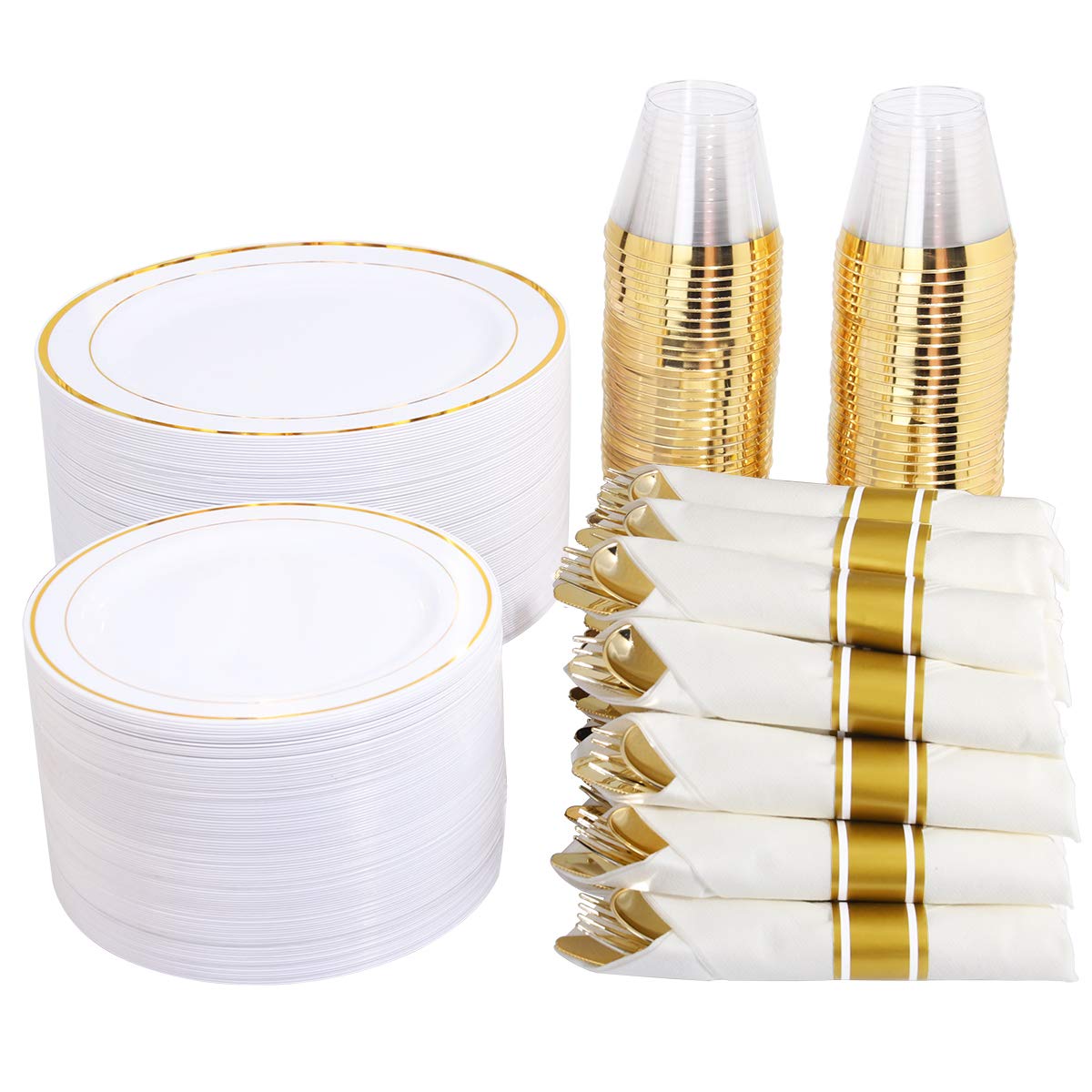 WELLIFE 350-Piece Gold Plastic Dinnerware Set - 50 Disposable 10.25