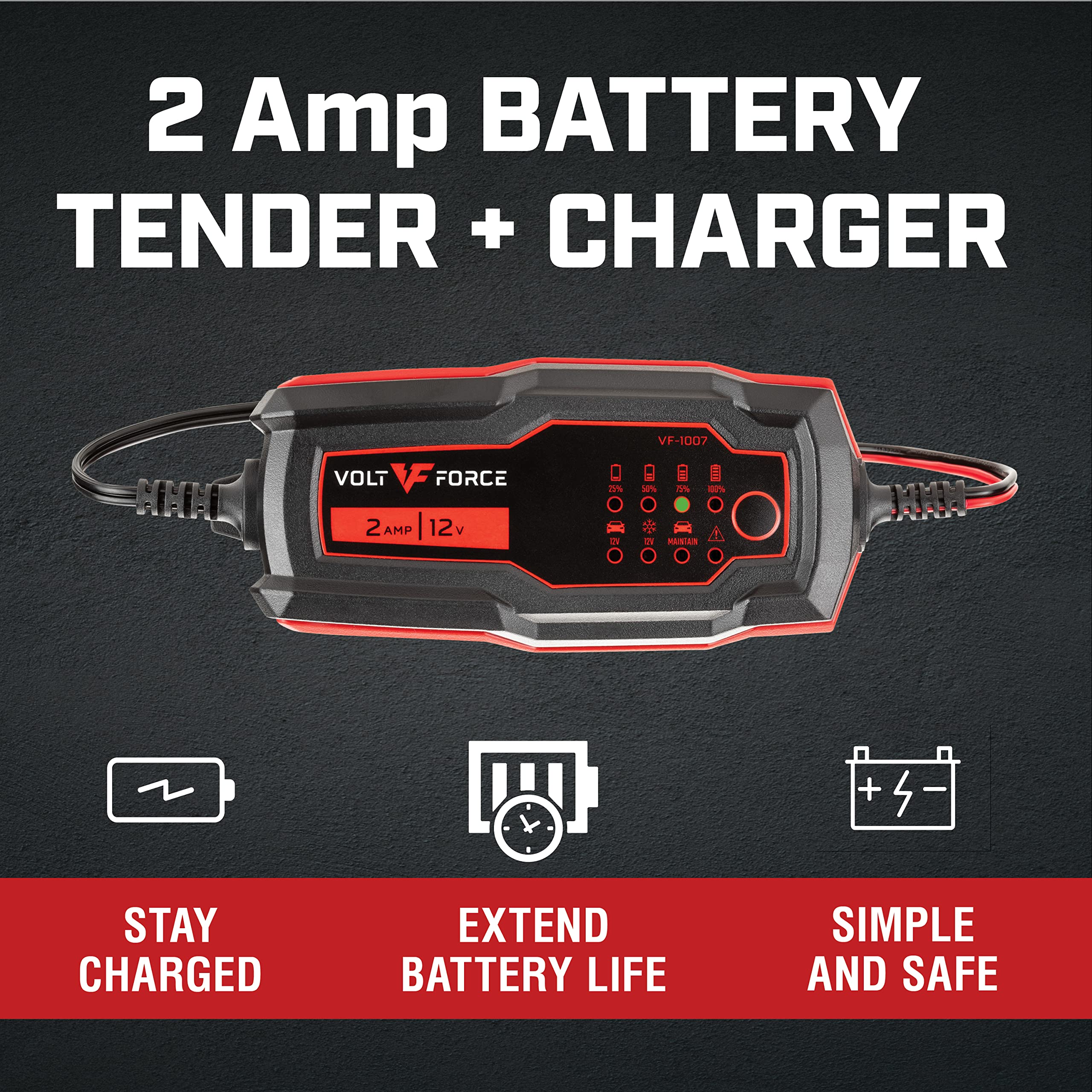 2A Smart Battery Charger & Maintainer - Fully Automatic 12V Automotive Charger for Cars, Motorcycles, ATVs, Boats, Lawn Mowers - Trickle Charger with Auto Shutoff - Perfect for Winter Storage & Long-Term Vehicle Maintenance (VF-1007)
