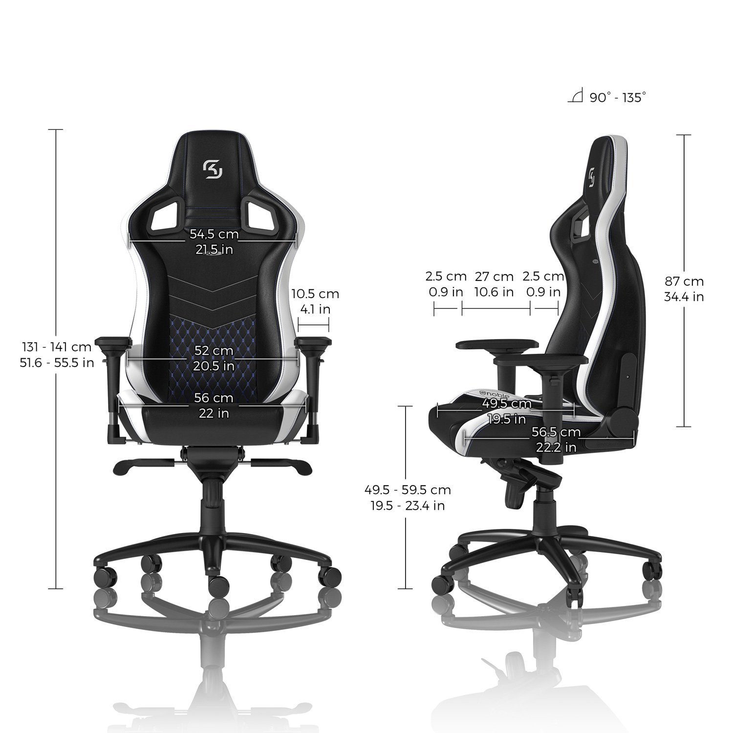 Noblechairs Epic SK Gaming Chair - Ergonomic Reclining Office Chair with PU Leather, Black/Blue/White - Perfect for Gaming, Streaming & Home Office Work