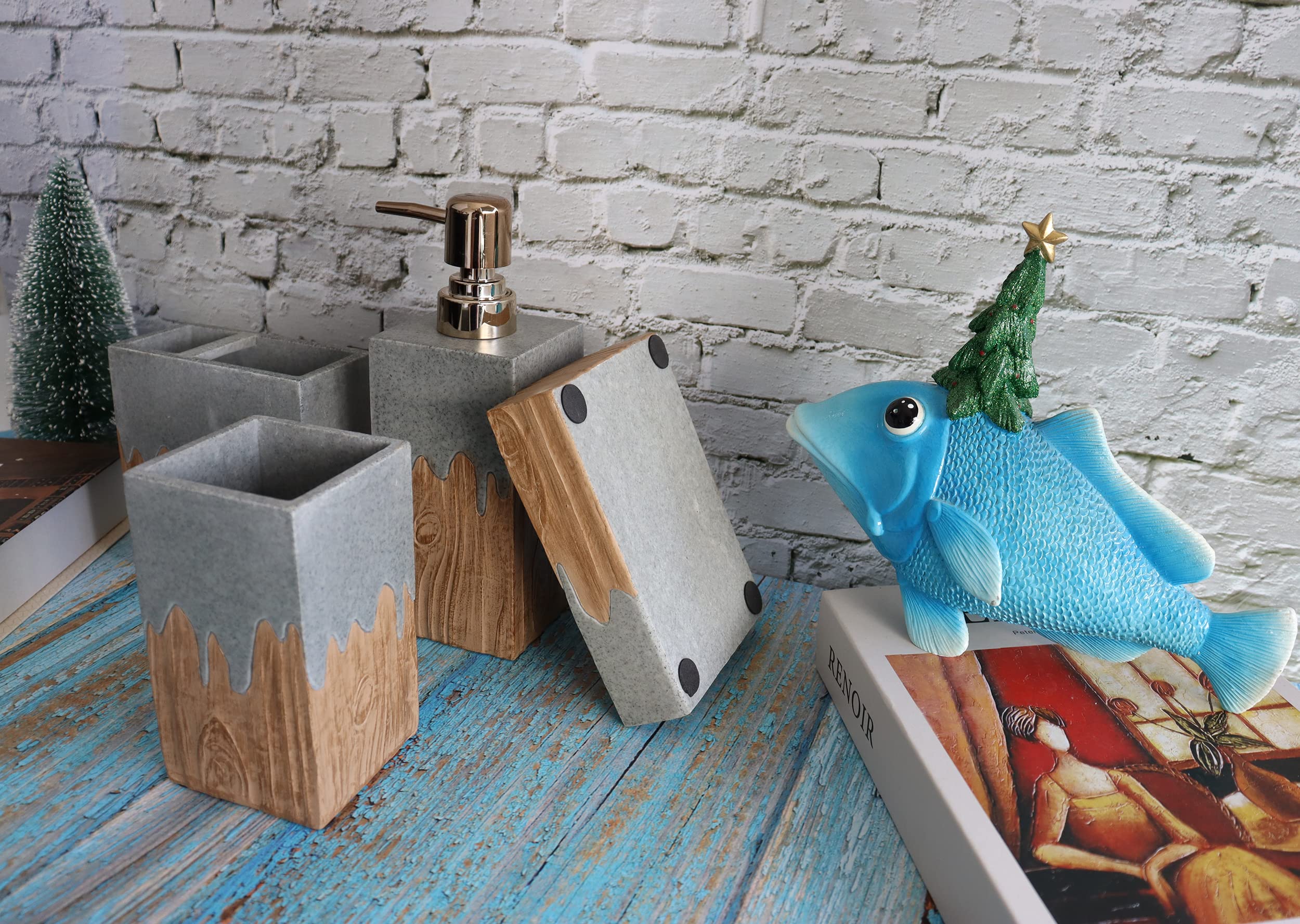 Hymmah Wooden Bathroom Accessories Set - 4 Piece Farmhouse Decor with Toothbrush Holder, Soap Dispenser, Soap Dish & Tumbler | Rustic Apartment Essentials for Modern Bathroom Organization