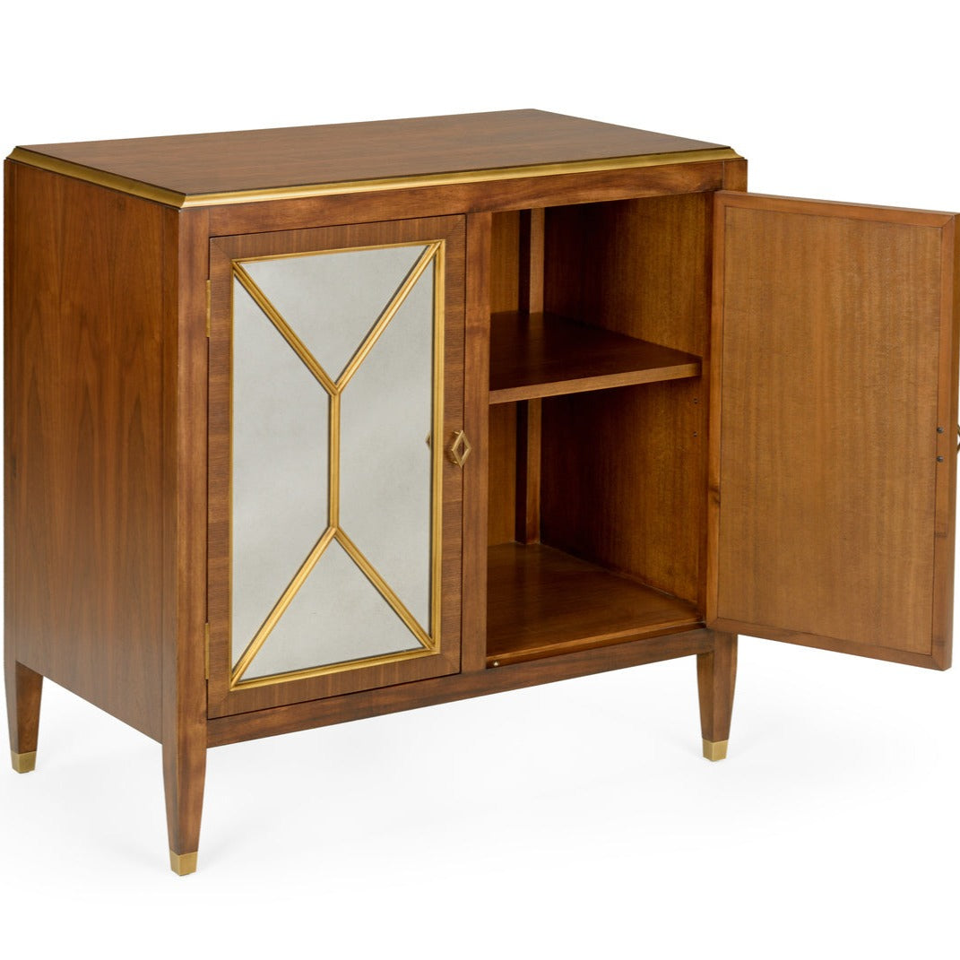Amanda Walnut Wood Cabinet with Brass Handles and Mirror Accents - Elegant Storage Solution for Living Room, Bedroom or Entryway