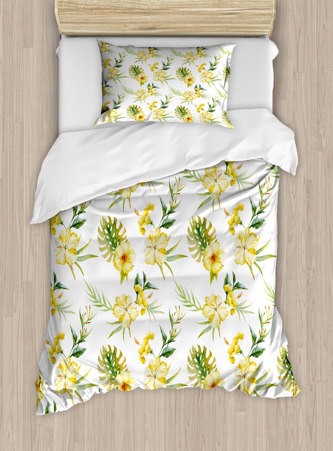 Ambesonne Watercolor Duvet Cover Set - Tropical Hibiscus Floral Pattern with Jungle Leaves, 2-Piece Twin Size Bedding Set (Duvet Cover + Pillowcase) in Yellow Green & White | Perfect for Summer Decor, Boho Bedroom, Hawaii Theme Guest Room