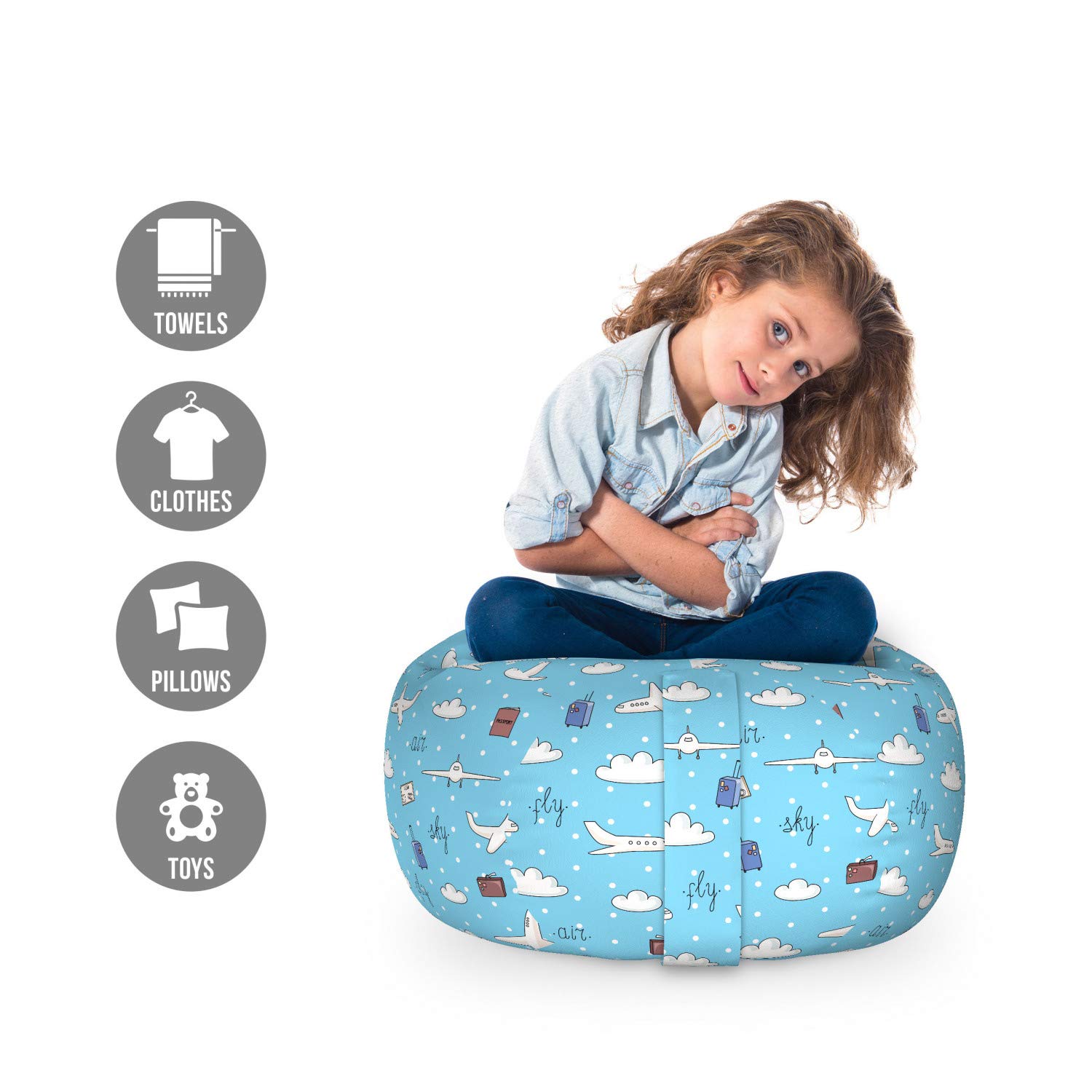 Ambesonne Airplane Toy Storage Bag Chair - Sky Blue Multicolor with Plane & Luggage Pattern - Washable Stuffed Animal Organizer for Kids - Perfect for Playrooms, Bedrooms & Travel