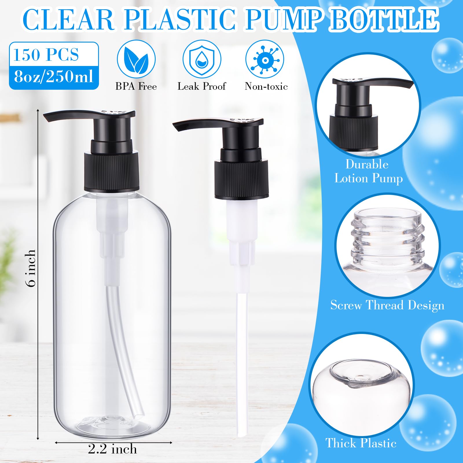 150-Pack 8 oz Clear Plastic Pump Bottles - Leakproof Refillable Dispensers for Shampoo, Conditioner, Body Wash & Liquid Soap (Black) | Perfect for Home, Salon, Travel & DIY Beauty Products
