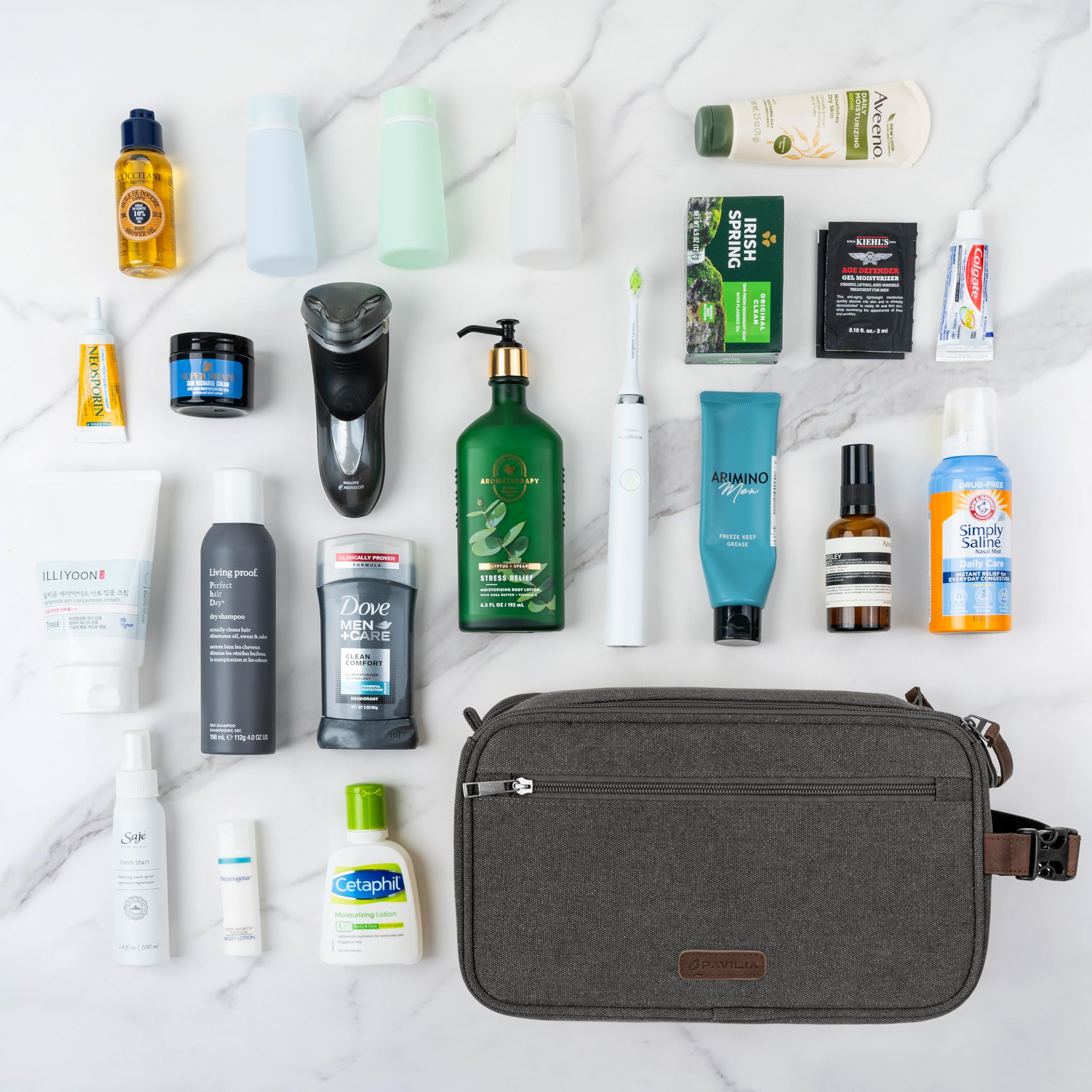 PAVILIA Extra Large Water Resistant Canvas Toiletry Bag for Men & Women - Travel Dopp Kit, Hygiene Organizer & Shaving Kit Accessories (Grey) - Perfect for Camping, Gym, Business Trips & Vacation Packing