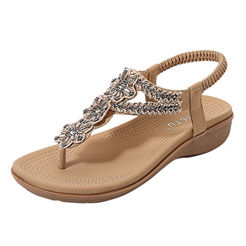 Women's Comfortable Casual Flat Sandals - Slip On Elastic Crystal Strap Roman Wedge Shoes with Studded Design | Perfect for Beach, Vacation, and Everyday Wear