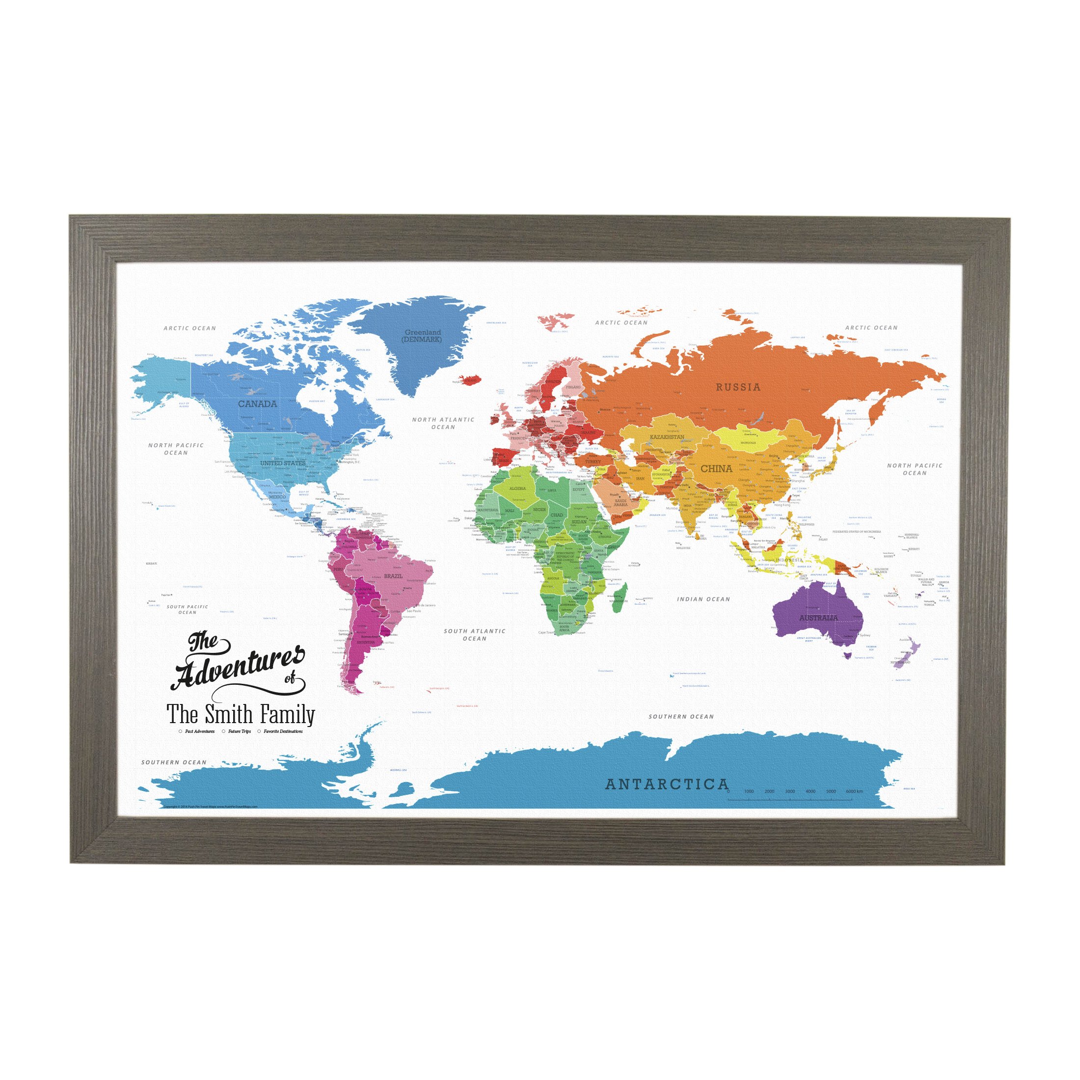 Personalized Colorful World Push Pin Travel Map with Barnwood Gray Frame - Custom Travel Tracker for Vacation Memories, Home Office Decor & Gift Idea