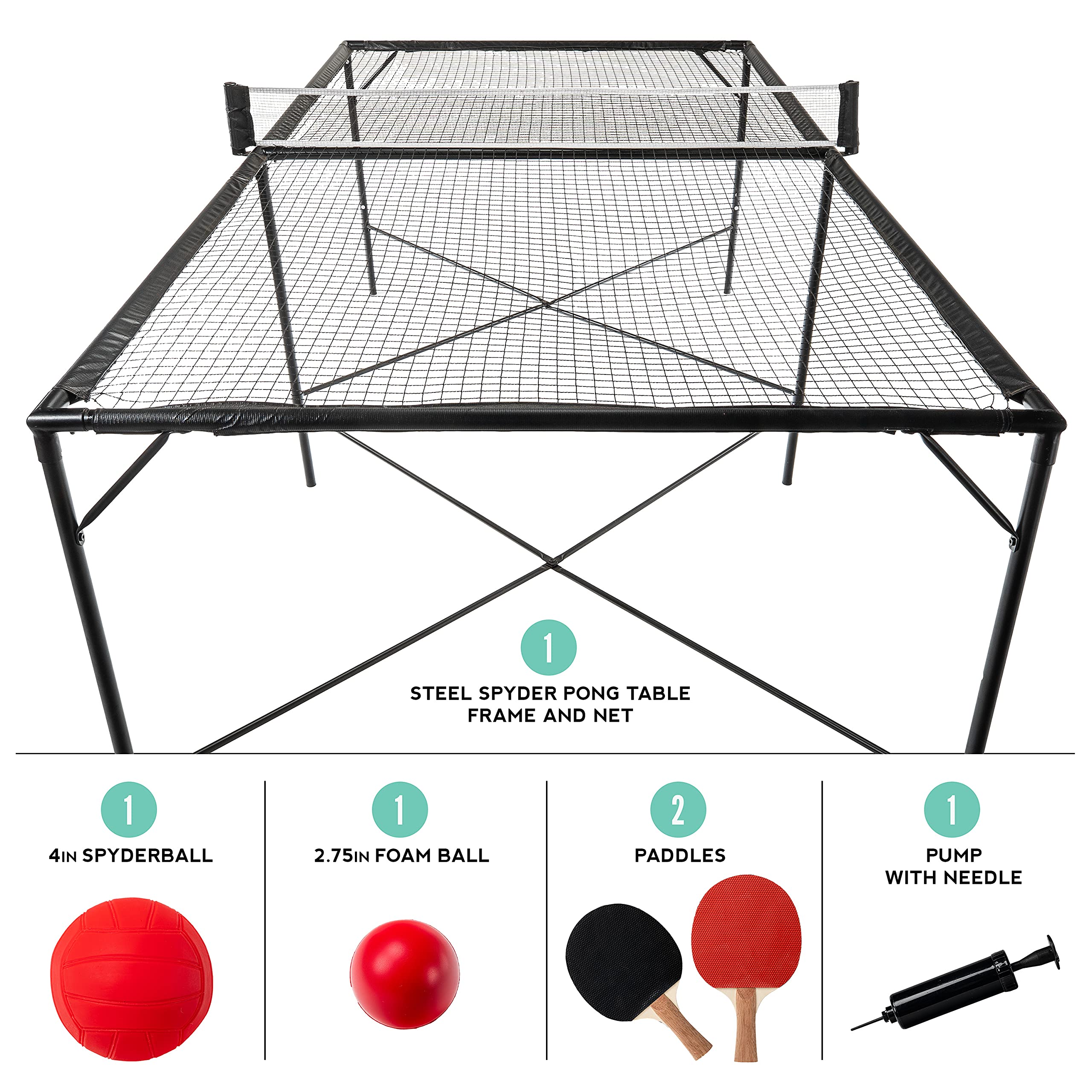Franklin Sports Spyder Pong Tennis Set - 4-in-1 Game for Kids & Adults (Ping Pong, Volleyball, 4-Square) - Includes Steel Table, Paddles & Balls - Indoor & Outdoor Fun for Backyard, Parties & Family Game Night