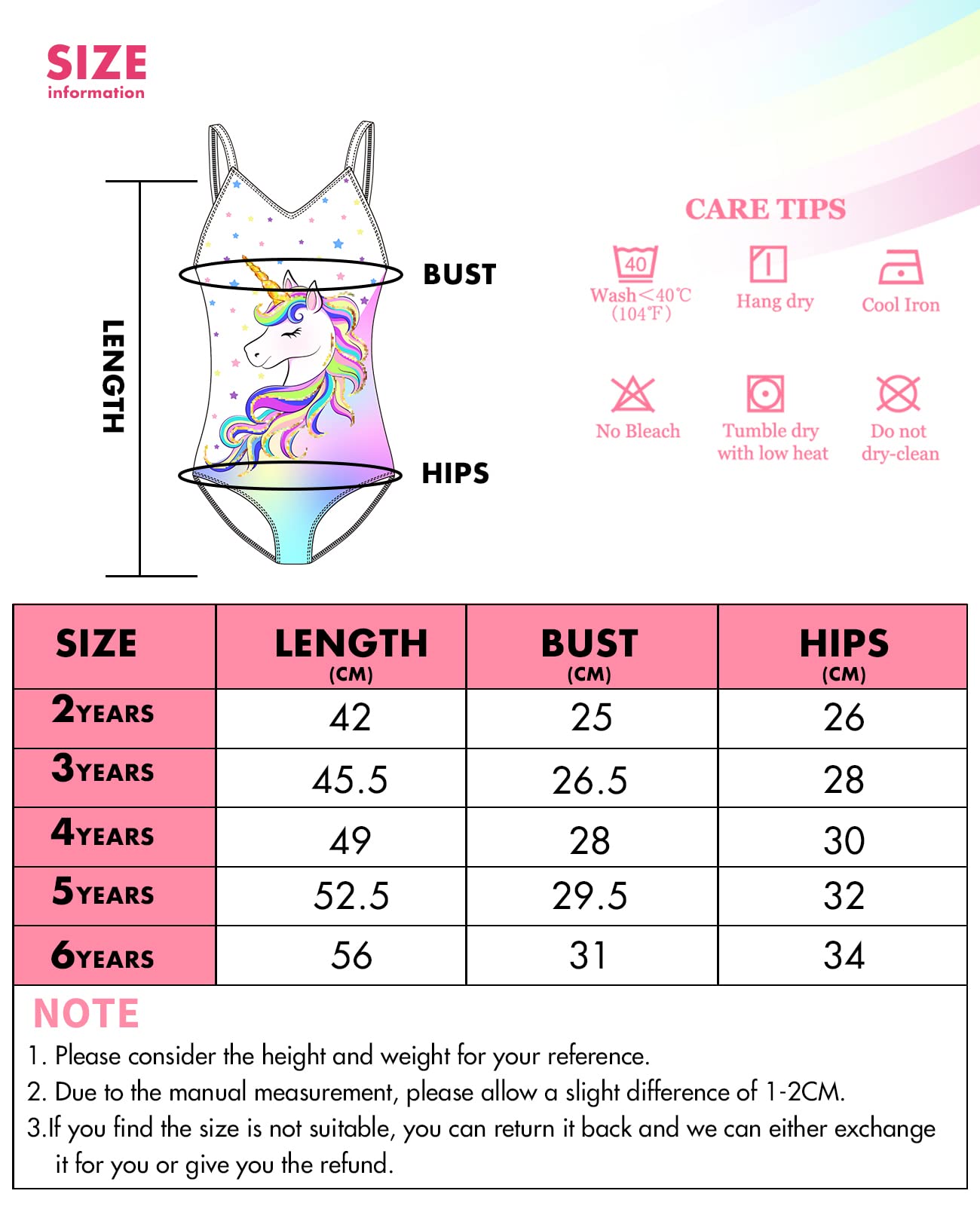 WAWSAM Unicorn Girls One Piece Bathing Suit - Rainbow Swimsuit for Kids & Toddlers | UV Protection Swimwear for Beach, Pool & Summer Water Play