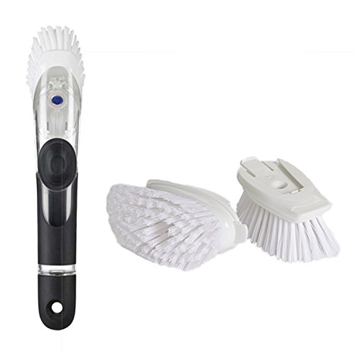 OXO Good Grips Soap Dispensing Dish Brush with 2 Extra Replacement Heads - Long Handle Kitchen Cleaning Brush for Pots, Pans, Dishes & Hard-to-Reach Areas