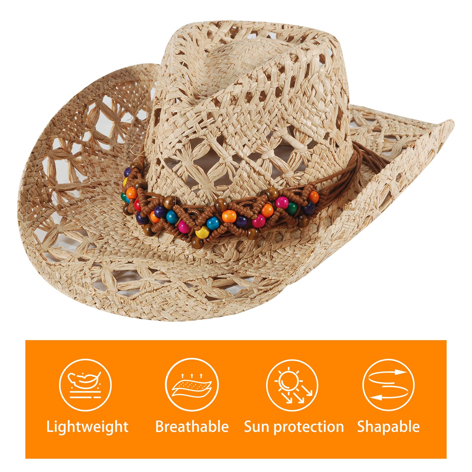 Stylish Women's Straw Cowboy Hat - Adjustable Wide Brim Sun Hat for Women & Men | Western Cowgirl Beach Hat for Summer Vacation, Travel, Outdoor Activities & Country Music Festivals