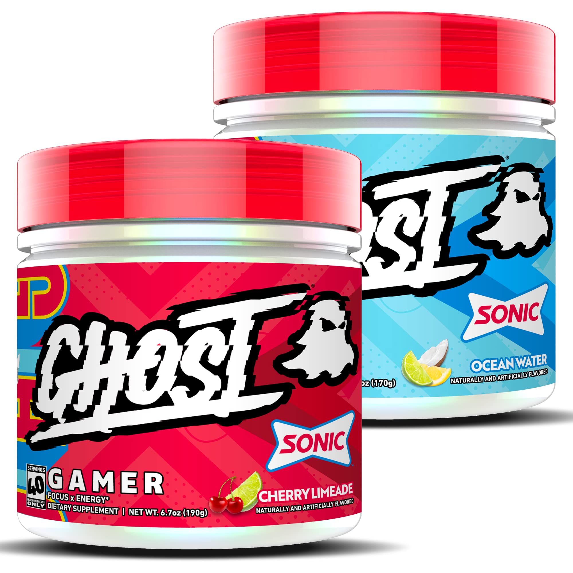 GHOST Gamer Sonic Bundle: Energy & Focus Supplement for Gamers - Ocean Water & Cherry Limeade Flavors - Boost Performance for Gaming, Studying & Workouts