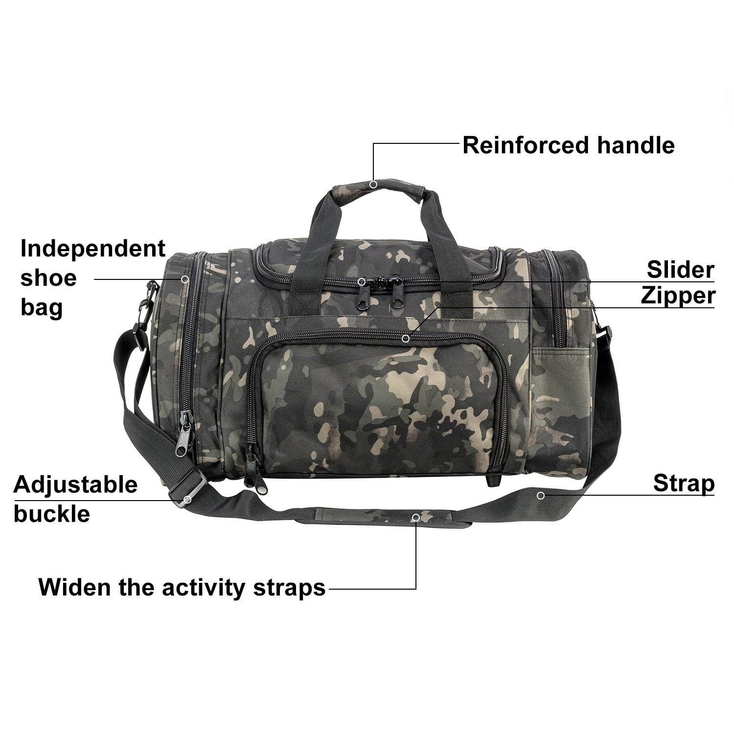 Miramrax Gym Duffle Bag for Men & Women - Large Sports Travel Bag with Shoe Compartment - Water-Resistant Carry On for Workout, Military Tactical, Weekend & Overnight Trips - Perfect for Gym, Travel & Outdoor Activities (Black Camo)