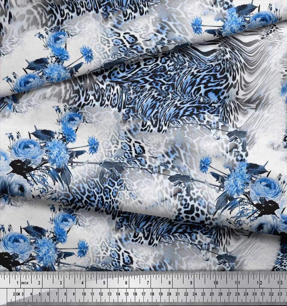 Soimoi Velvet Blue Fabric by the Yard - 58 Inch Wide - Rose Floral & Leopard Safari Animal Print Fabric for Upholstery, Drapes & DIY Fashion Projects - Safari Chic Home Decor & Clothing Material