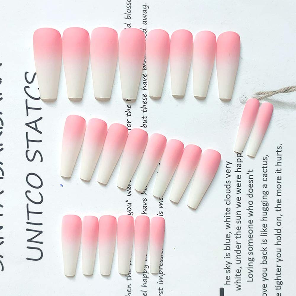 24Pcs Extra Long Ballerina Gradient False Nails - Matte Pink Coffin Press-On Nails with Glue & Stickers | Salon Quality Fake Nails for Women & Girls | Perfect for Parties, Weddings, and Special Occasions