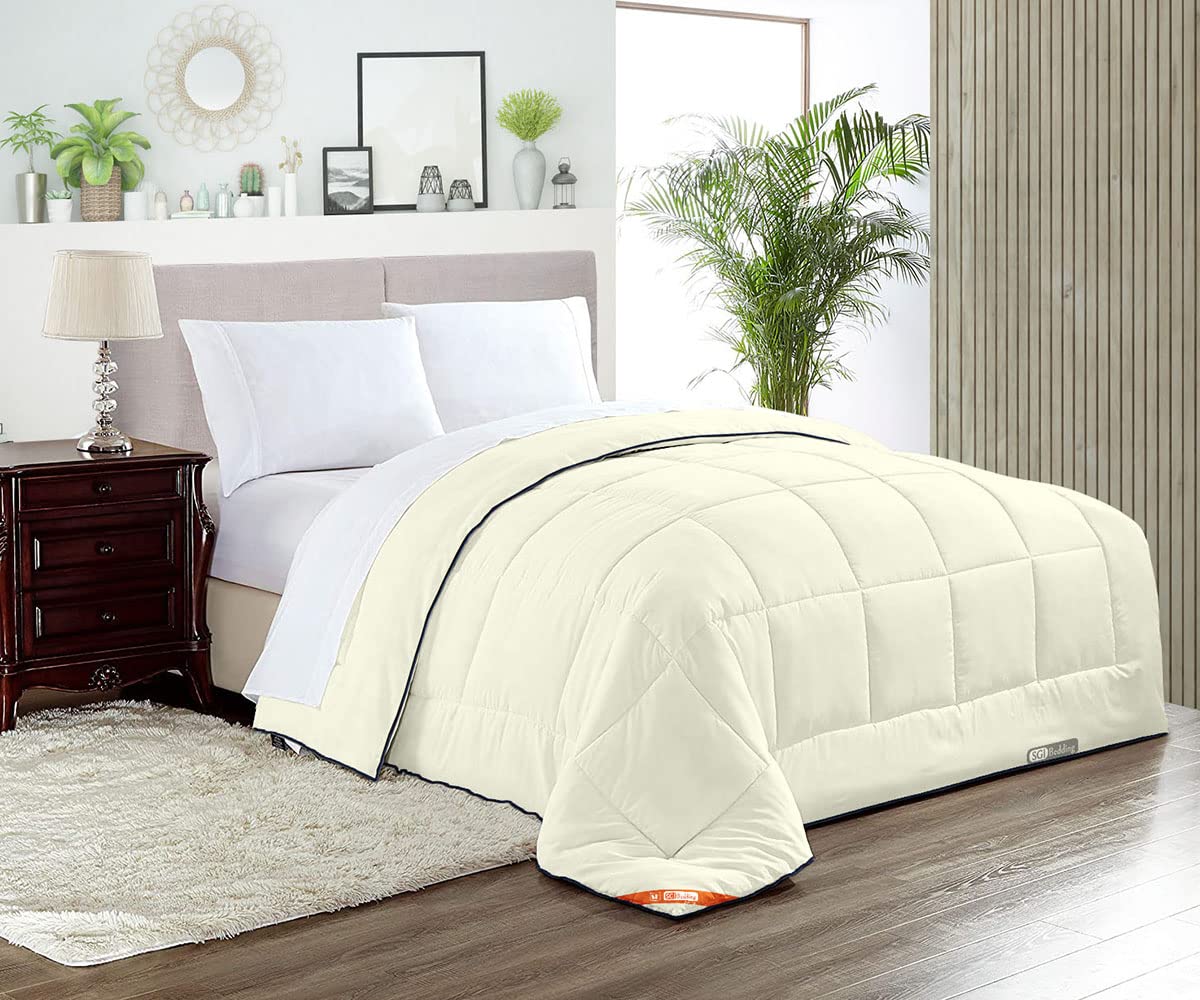 Premium SGI Twin Comforter - 300 GSM Plush Siliconized Microfiber Fill, 600 TC Egyptian Cotton Shell with Box Stitching - Ivory Solid Duvet Insert Set with Matching Pillowcases | Ultra Soft & Fluffy for Bedroom, Guest Room, Dorm, Hotel Luxury Bedding