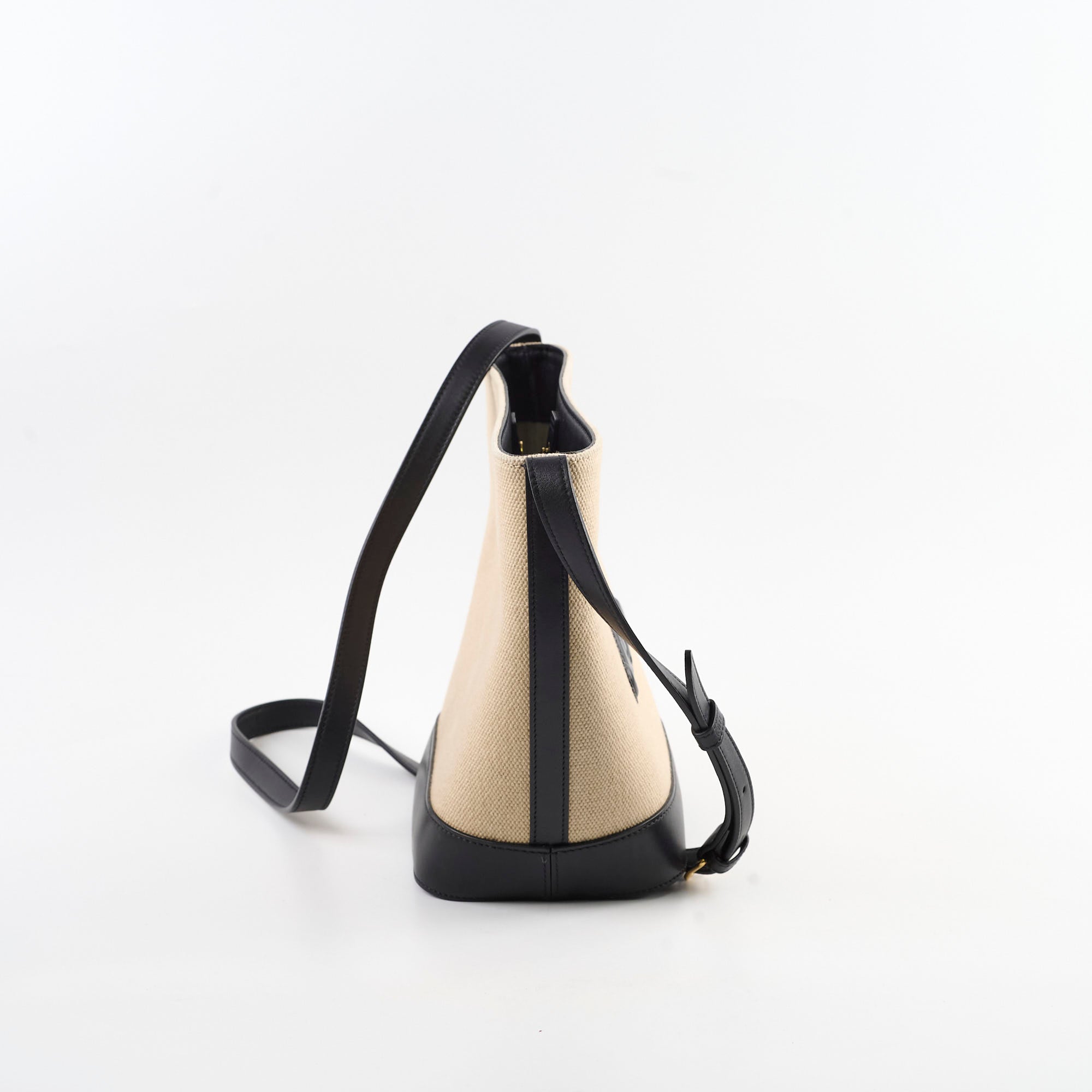 Celine Triomphe Canvas Calfskin Bucket Bag in Beige & Black | Luxury Designer Handbag for Women | Perfect for Work, Travel & Everyday Use