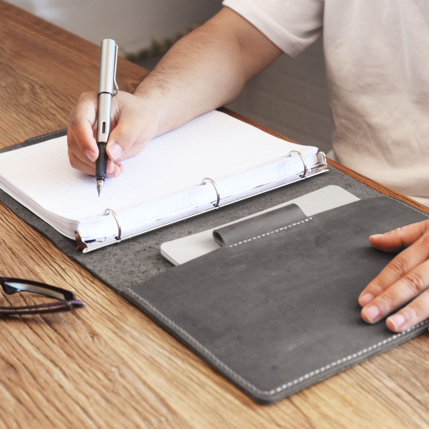 Premium Distressed Grey Leather Binder Cover - 3-Ring Portfolio for 8.5 x 11 Refill Paper | Professional Organizer for Office, School & Business Meetings
