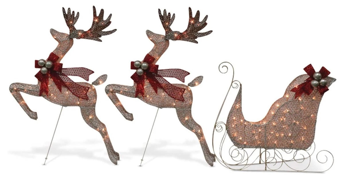 3 Piece Pre-Lit Reindeer & Sleigh Glitter Mesh Yard Art - Outdoor Christmas Decor for Lawn, Garden, and Holiday Display
