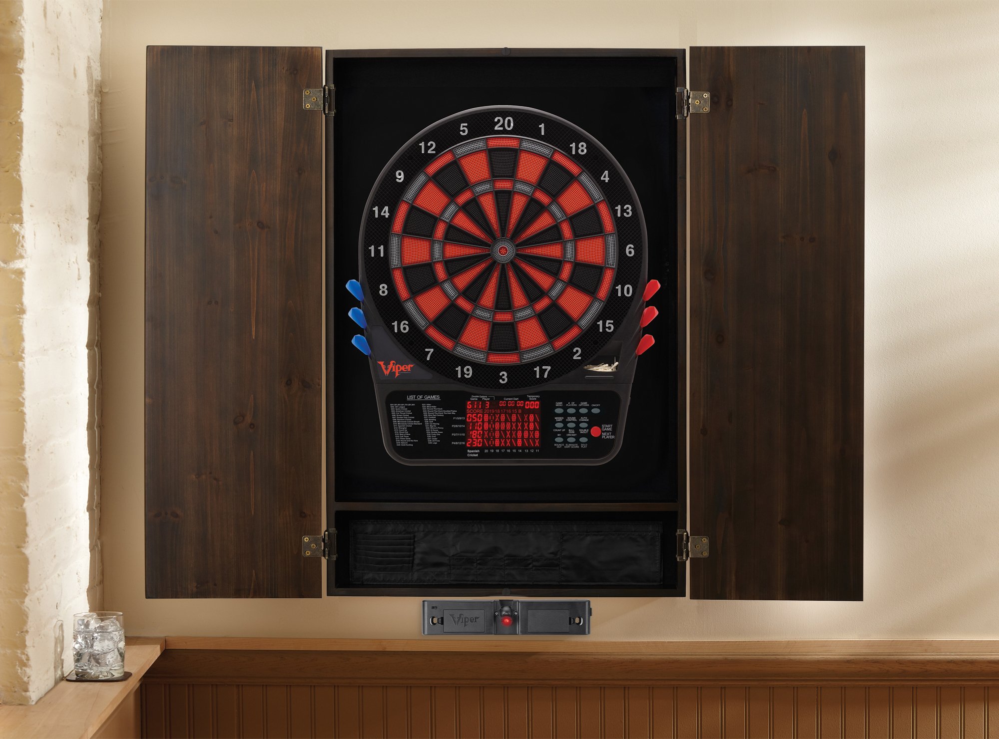 Premium Viper Metropolitan Solid Wood Dartboard Cabinet with Electronic Dartboard - Ready-to-Play Bundle Includes 2 Sets of Soft-Tip Darts & Integrated Storage (Multiple Stain Options) - Perfect for Game Rooms, Bars, and Family Entertainment