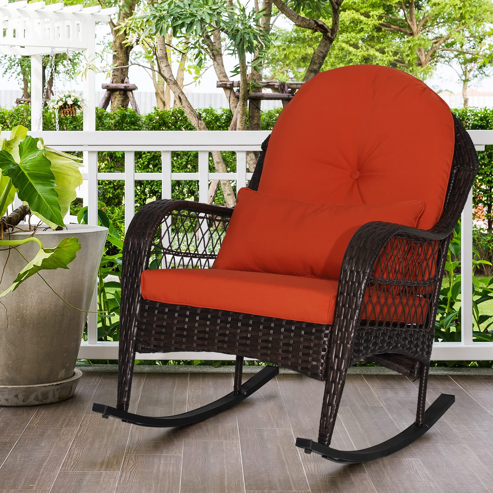 **MEDIMALL Outdoor Wicker Rocking Chair with Lumbar Pillow & Cushions – Patio Rattan Rocker with Padded Seat, Durable Metal Frame, Mix Brown Wicker Furniture for Balcony, Porch, Deck, Backyard (Red) – Perfect for Relaxing, Reading, or Sunbathing**
