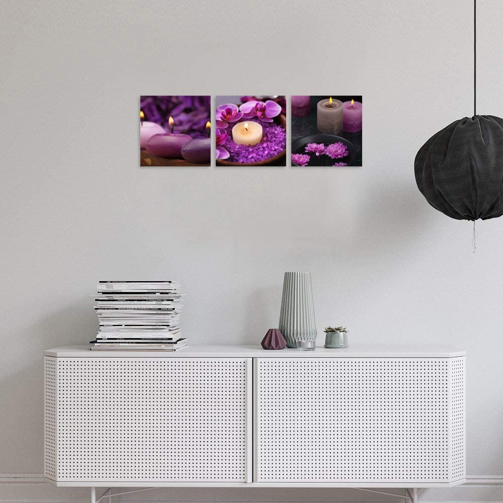 TutuBeer 3-Panel Purple Floral Canvas Wall Art - 20x20 Inch Framed Zen Spa Decor with Candles Still Life - Perfect for Home, Office, Kitchen & Meditation Room Wall Decor - Ready to Hang