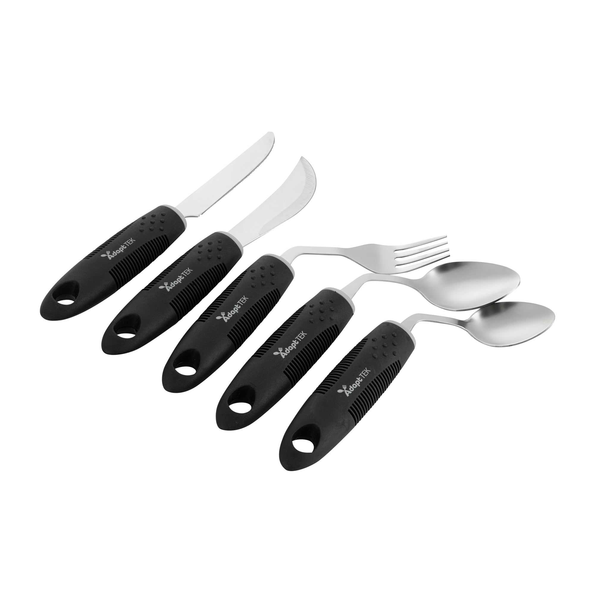 Adapt Tek Black Stainless Steel 5-Piece Adaptive Offset Utensil Set for Left-Handed Users - Lightweight, Non-Slip Grip, Ergonomic Design - Ideal for Arthritis, Limited Mobility & Elderly Care (1 Count) - Perfect for Cooking, Dining & Assisted Living