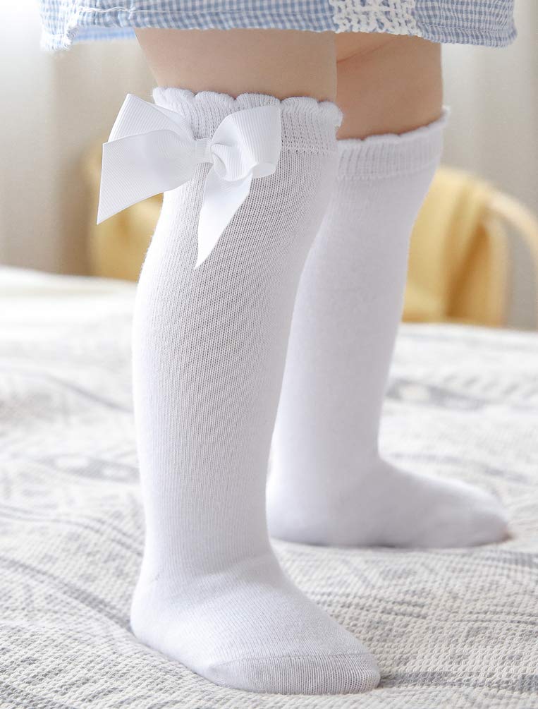 Maorrew 2 Pack Baby Girls Knee High Socks with Bows - Cotton Long Stockings for Infants & Toddlers - Soft Ruffled Uniform Leggings for School, Playtime & Special Occasions