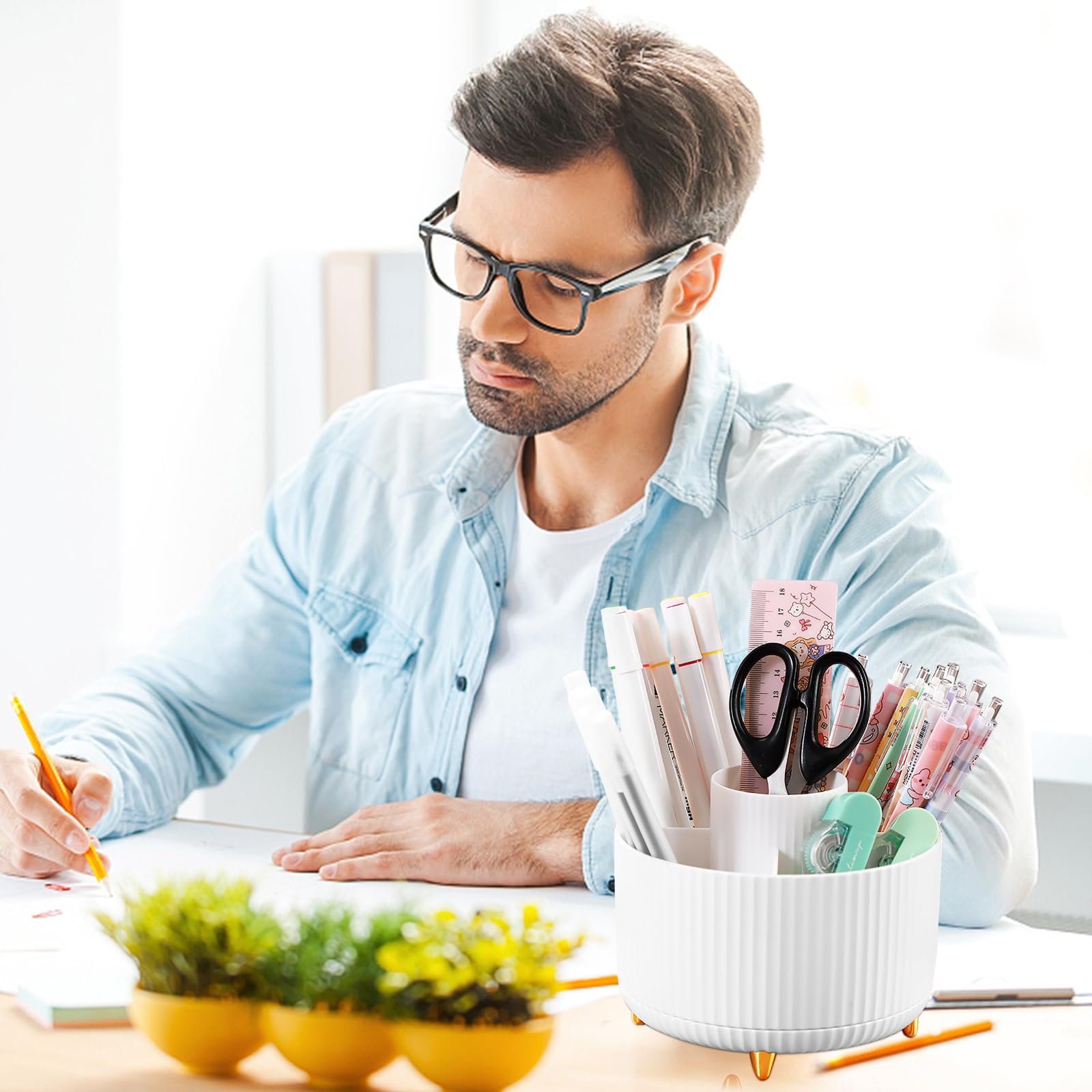 360° Rotating 5-Slot Pencil Holder for Desk - White | Office, School & Home Desk Organizer | Perfect for Pens, Markers, Scissors & Art Supplies | Compact Desktop Storage Solution for Stationery & Workspace Organization