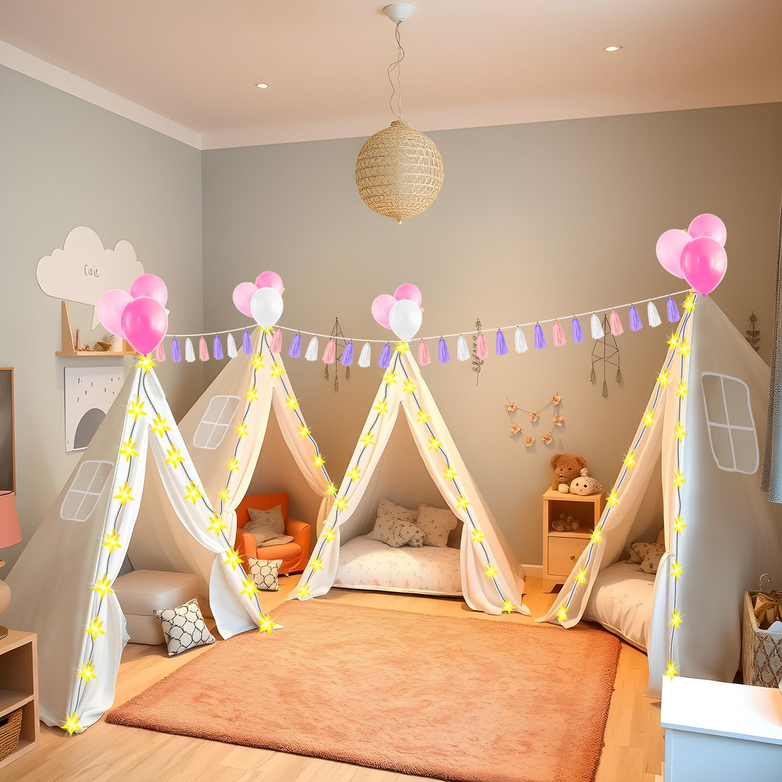 PLULON 4 Pack Kids Teepee Tent for Girls - Indoor Play Tent with Inflatable Airbed & Decorations - White Teepee for Slumber Parties, Sleepovers, Christmas & Birthday Gifts - Perfect for Kids' Room Decor, Playtime & Special Occasions
