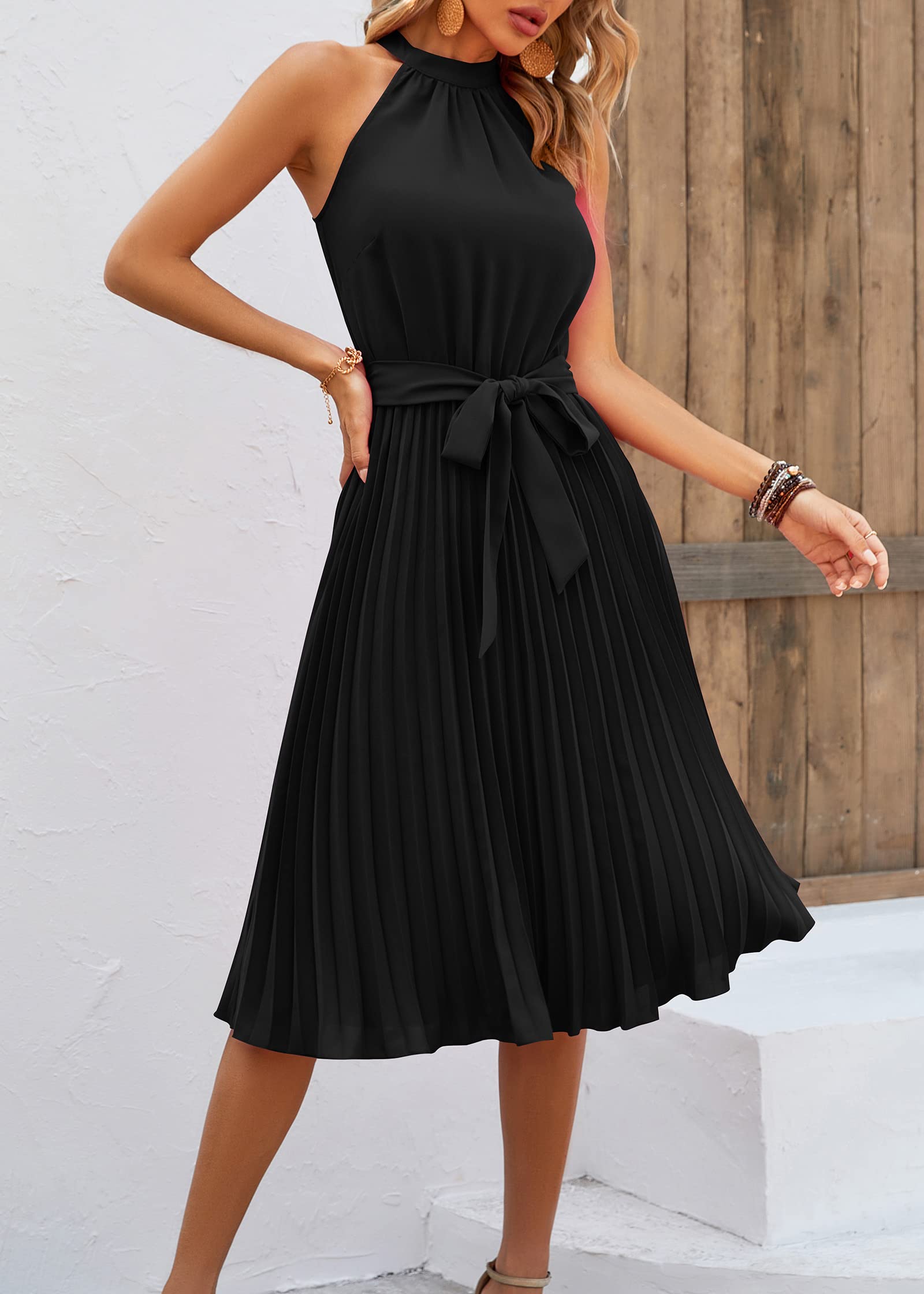 KIRUNDO Women's 2025 Summer Sleeveless Halter Neck Pleated Midi Cocktail Dress with Belt | A-Line Flowy Beach Sun Dress for Pool Party, Vacation & Evening Out