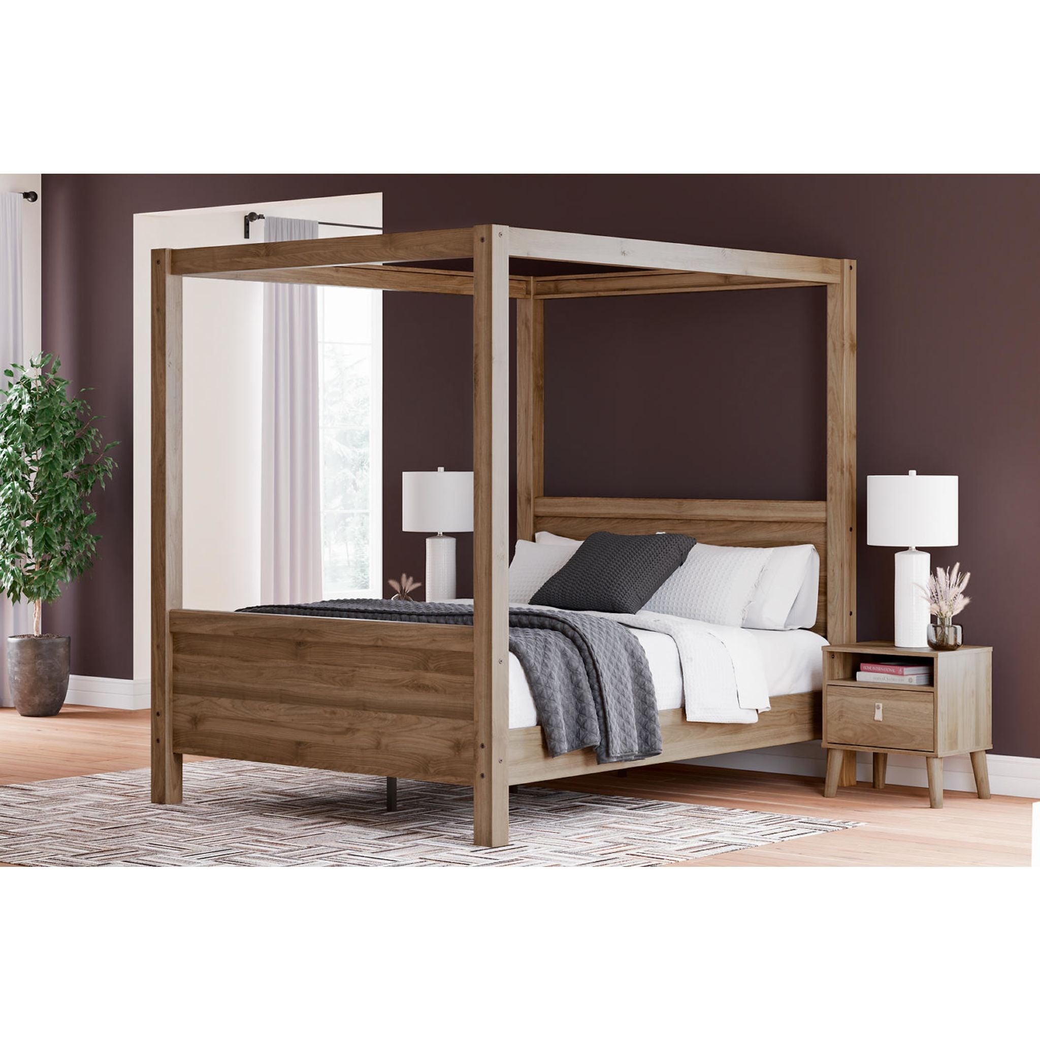 Aprilyn Queen Canopy Bed with Honey Finish - Elegant Four Poster Bed Frame for Master Bedroom Decor, Romantic Bedroom Design & Luxurious Sleeping Experience