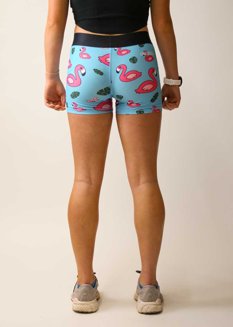 Women's High-Waisted Blue Flamingo Print 3-Pack Compression Shorts - Workout, Running & Yoga Activewear for Women
