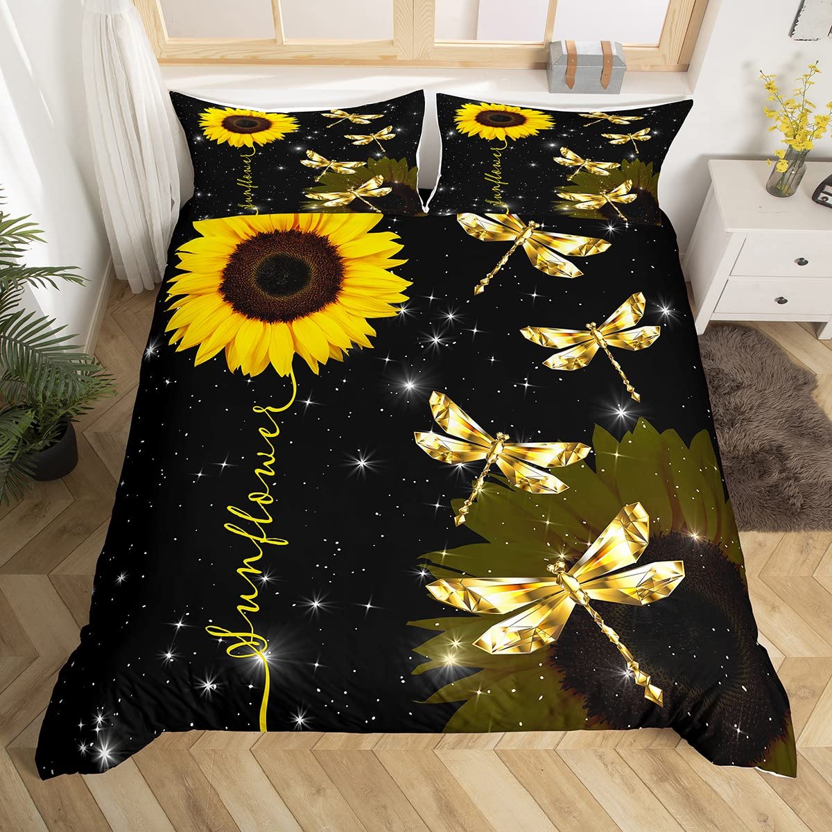 Sunflower Duvet Cover Set with Golden Dragonfly Design - Twin Size Glitter Starry Sky Galaxy Comforter for Kids, Girls & Women | Rustic Aesthetic Yellow & Black Floral Bedding | Perfect for Boho Chic Bedroom Decor & Kids Room Makeover